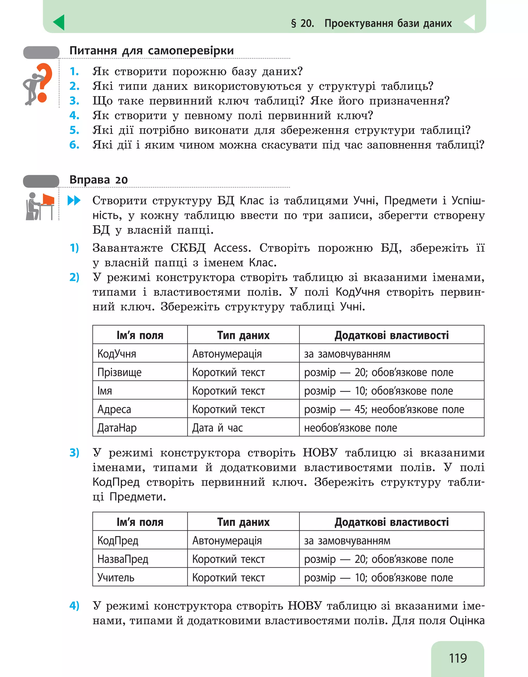 119
§ 20.  Проектування бази даних
Питання для самоперевірки
1.	 Як створити порожню базу даних?
2.	 Які типи даних використовуються у структурі таблиць?
3.	 Що таке первинний ключ таблиці? Яке його призначення?
4.	 Як створити у певному полі первинний ключ?
5.	 Які дії потрібно виконати для збереження структури таблиці?
6.	 Які дії і яким чином можна скасувати під час заповнення таблиці?
Вправа 20
	 Створити структуру БД Клас із таблицями Учні, Предмети і Успіш-
ність, у кожну таблицю ввести по три записи, зберегти створену
БД у власній папці.
1)	 Завантажте СКБД Access. Створіть порожню БД, збережіть її
у власній папці з іменем Клас.
2)	 У режимі конструктора створіть таблицю зі вказаними іменами,
типами і властивостями полів. У полі КодУчня створіть первин-
ний ключ. Збережіть структуру таблиці Учні.
Ім’я поля Тип даних Додаткові властивості
КодУчня Автонумерація за замовчуванням
Прізвище Короткий текст розмір — 20; обов’язкове поле
Імя Короткий текст розмір — 10; обов’язкове поле
Адреса Короткий текст розмір — 45; необов’язкове поле
ДатаНар Дата й час необов’язкове поле
3)	 У режимі конструктора створіть НОВУ таблицю зі вказаними
іменами, типами й додатковими властивостями полів. У полі
КодПред створіть первинний ключ. Збережіть структуру табли-
ці Предмети.
Ім’я поля Тип даних Додаткові властивості
КодПред Автонумерація за замовчуванням
НазваПред Короткий текст розмір — 20; обов’язкове поле
Учитель Короткий текст розмір — 10; обов’язкове поле
4)	 У режимі конструктора створіть НОВУ таблицю зі вказаними іме-
нами, типами й додатковими властивостями полів. Для поля Оцінка
 