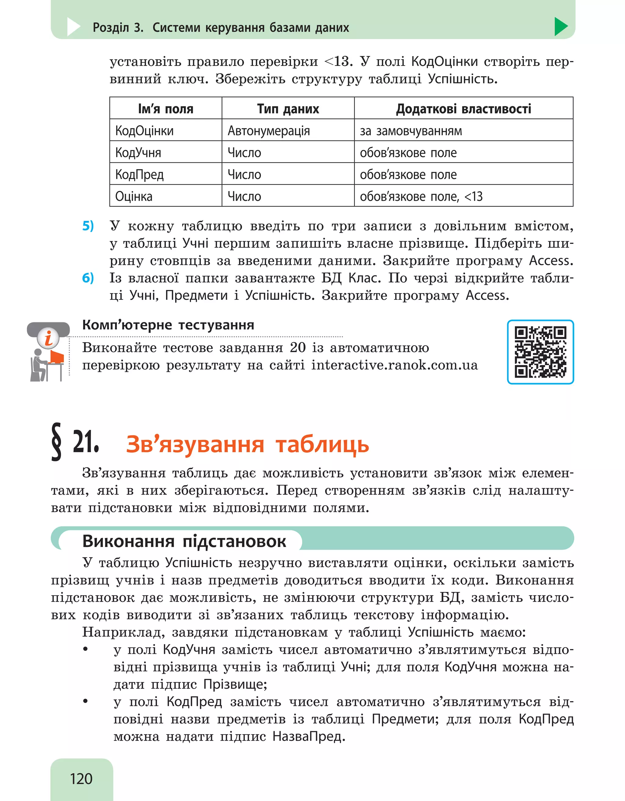 120
Розділ 3. Системи керування базами даних
установіть правило перевірки 13. У полі КодОцінки створіть пер-
винний ключ. Збережіть структуру таблиці Успішність.
Ім’я поля Тип даних Додаткові властивості
КодОцінки Автонумерація за замовчуванням
КодУчня Число обов’язкове поле
КодПред Число обов’язкове поле
Оцінка Число обов’язкове поле, 13
5)	 У кожну таблицю введіть по три записи з довільним вмістом,
у таблиці Учні першим запишіть власне прізвище. Підберіть ши-
рину стовпців за введеними даними. Закрийте програму Access.
6)	 Із власної папки завантажте БД Клас. По черзі відкрийте табли-
ці Учні, Предмети і Успішність. Закрийте програму Access.
Комп’ютерне тестування

Виконайте тестове завдання 20 із автоматичною
перевіркою результату на сайті interactive.ranok.com.ua
§ 21. Зв’язування таблиць
Зв’язування таблиць дає можливість установити зв’язок між елемен-
тами, які в них зберігаються. Перед створенням зв’язків слід налашту-
вати підстановки між відповідними полями.
	 Виконання підстановок
У таблицю Успішність незручно виставляти оцінки, оскільки замість
прізвищ учнів і назв предметів доводиться вводити їх коди. Виконання
підстановок дає можливість, не змінюючи структури БД, замість число-
вих кодів виводити зі зв’язаних таблиць текстову інформацію.
Наприклад, завдяки підстановкам у таблиці Успішність маємо:
y
y у полі КодУчня замість чисел автоматично з’являтимуться відпо-
відні прізвища учнів із таблиці Учні; для поля КодУчня можна на-
дати підпис Прізвище;
y
y у полі КодПред замість чисел автоматично з’являтимуться від-
повідні назви предметів із таблиці Предмети; для поля КодПред
можна надати підпис НазваПред.
 