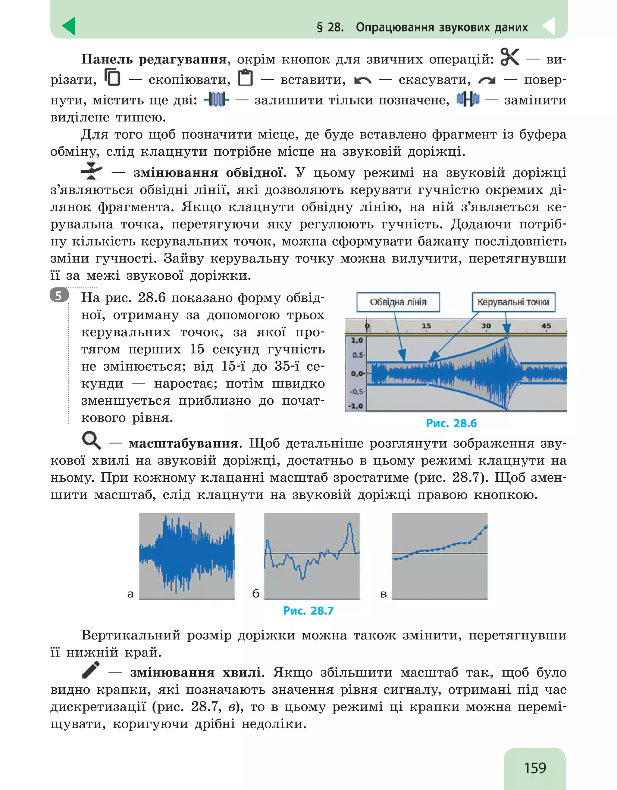 159
§ 28.  Опрацювання звукових даних
Панель редагування, окрім кнопок для звичних операцій: — ви-
різати, — скопіювати, — вставити, — скасувати, — повер-
нути, містить ще дві: — залишити тільки позначене, — замінити
виділене тишею.
Для того щоб позначити місце, де буде вставлено фрагмент із буфера
обміну, слід клацнути потрібне місце на звуковій доріжці.
— змінювання обвідної. У цьому режимі на звуковій доріжці
з’являються обвідні лінії, які дозволяють керувати гучністю окремих ді-
лянок фрагмента. Якщо клацнути обвідну лінію, на ній з’являється ке-
рувальна точка, перетягуючи яку регулюють гучність. Додаючи потріб-
ну кількість керувальних точок, можна сформувати бажану послідовність
зміни гучності. Зайву керувальну точку можна вилучити, перетягнувши
її за межі звукової доріжки.

На рис. 28.6 показано форму обвід-
ної, отриману за допомогою трьох
керувальних точок, за якої про-
тягом перших 15 секунд гучність
не змінюється; від 15-ї до 35-ї се-
кунди — наростає; потім швидко
зменшується приблизно до почат-
кового рівня. Рис. 28.6
— масштабування. Щоб детальніше розглянути зображення зву-
кової хвилі на звуковій доріжці, достатньо в цьому режимі клацнути на
ньому. При кожному клацанні масштаб зростатиме (рис. 28.7). Щоб змен-
шити масштаб, слід клацнути на звуковій доріжці правою кнопкою.
б
а в
Рис. 28.7
Вертикальний розмір доріжки можна також змінити, перетягнувши
її нижній край.
— змінювання хвилі. Якщо збільшити масштаб так, щоб було
видно крапки, які позначають значення рівня сигналу, отримані під час
дискретизації (рис. 28.7, в), то в цьому режимі ці крапки можна перемі-
щувати, коригуючи дрібні недоліки.
5
 