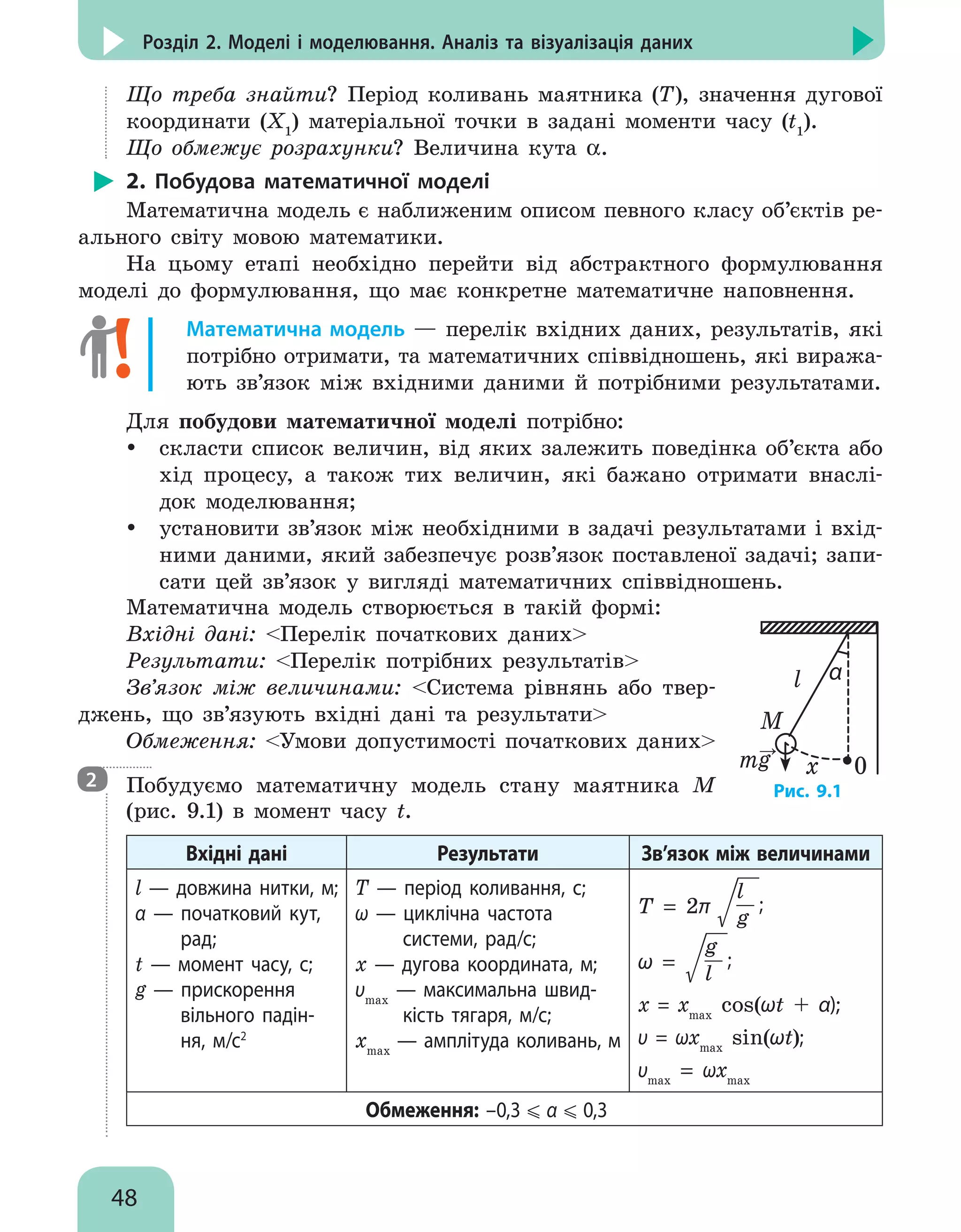 48
Розділ 2. Моделі і моделювання. Аналіз та візуалізація даних
Що треба знайти? Період коливань маятника (T), значення дугової
координати (Х1
) матеріальної точки в задані моменти часу (t1
).
Що обмежує розрахунки? Величина кута α.
2. Побудова математичної моделі
Математична модель є наближеним описом певного класу об’єктів ре-
ального світу мовою математики.
На цьому етапі необхідно перейти від абстрактного формулювання
моделі до формулювання, що має конкретне математичне наповнення.
Математична модель — перелік вхідних даних, результатів, які
потрібно отримати, та математичних співвідношень, які виража-
ють зв’язок між вхідними даними й потрібними результатами.
Для побудови математичної моделі потрібно:
y
y скласти список величин, від яких залежить поведінка об’єкта або
хід процесу, а також тих величин, які бажано отримати внаслі-
док моделювання;
y
y установити зв’язок між необхідними в задачі результатами і вхід-
ними даними, який забезпечує розв’язок поставленої задачі; запи-
сати цей зв’язок у вигляді математичних співвідношень.
Математична модель створюється в такій формі:
Вхідні дані: Перелік початкових даних
Результати: Перелік потрібних результатів
Зв’язок між величинами: Система рівнянь або твер-
джень, що зв’язують вхідні дані та результати
Обмеження: Умови допустимості початкових даних

Побудуємо математичну модель стану маятника М
(рис. 9.1) в момент часу t.
α
l
M
mg x 0
→
Рис. 9.1
Вхідні дані Результати Зв’язок між величинами
l — довжина нитки, м;
α — початковий кут,
рад;
t — момент часу, с;
g — прискорення
вільного падін-
ня, м/с2
T — період коливання, с;
ω — циклічна частота
системи, рад/с;
x — дугова координата, м;
υmax
— максимальна швид-
кість тягаря, м/с;
xmax
— амплітуда коливань, м
T = 2π
l
g
;
ω =
g
l
;
x = xmax
cos(ωt + α);
υ = ωxmax
sin(ωt);
υmax
= ωxmax
Обмеження: –0,3 α 0,3
2
 
