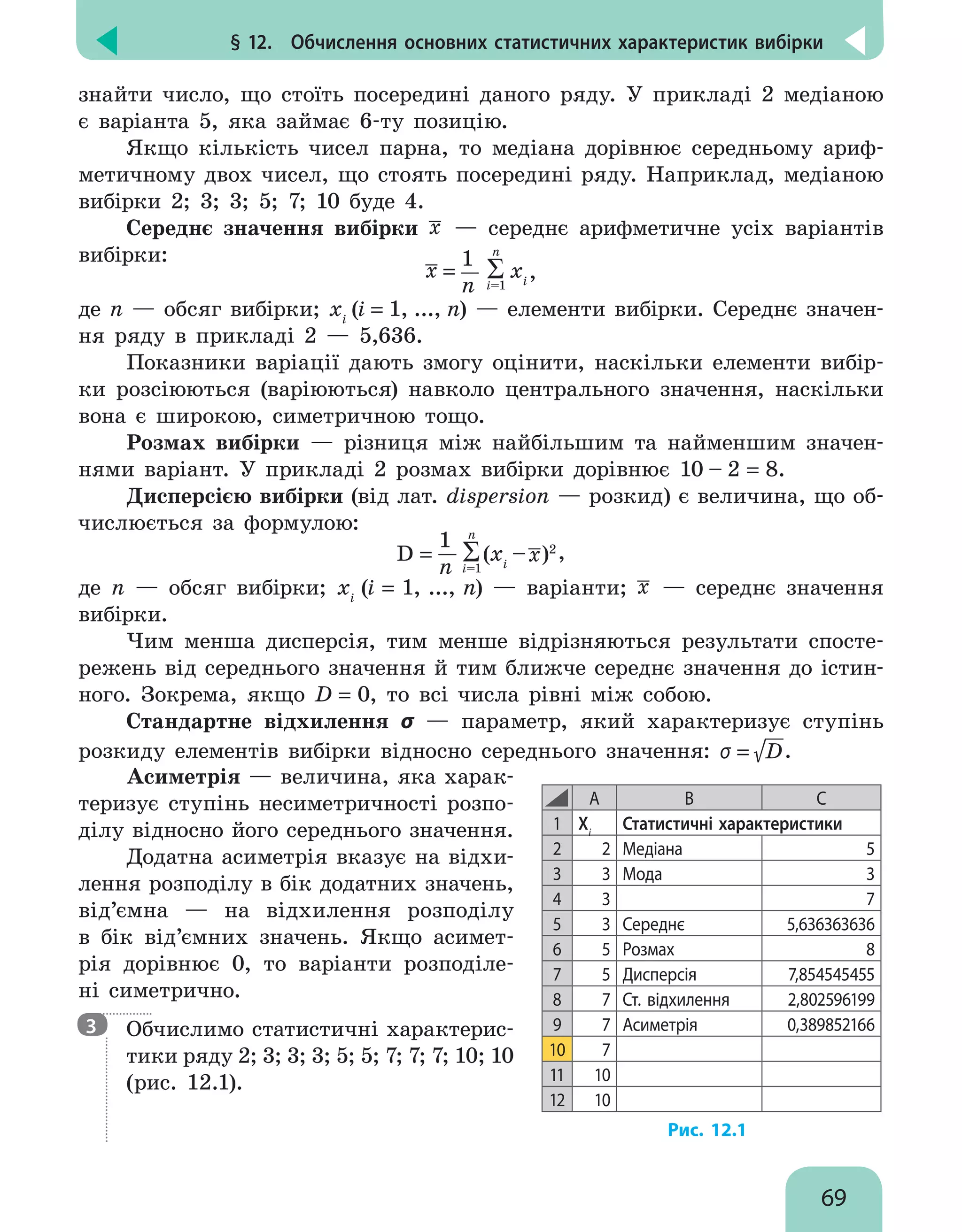 § 12.  Обчислення основних статистичних характеристик вибірки
69
знайти число, що стоїть посередині даного ряду. У прикладі 2 медіаною
є варіанта 5, яка займає 6-ту позицію.
Якщо кількість чисел парна, то медіана дорівнює середньому ариф-
метичному двох чисел, що стоять посередині ряду. Наприклад, медіаною
вибірки 2; 3; 3; 5; 7; 10 буде 4.
Середнє значення вибірки x — середнє арифметичне усіх варіантів
вибірки:
= xi
n
i=1
x
1
n
,
де n — обсяг вибірки; xi
(i = 1, ..., n) — елементи вибірки. Середнє значен-
ня ряду в прикладі 2 — 5,636.
Показники варіації дають змогу оцінити, наскільки елементи вибір-
ки розсіюються (варіюються) навколо центрального значення, наскільки
вона є широкою, симетричною тощо.
Розмах вибірки — різниця між найбільшим та найменшим значен-
нями варіант. У прикладі 2 розмах вибірки дорівнює 10 – 2 = 8.
Дисперсією вибірки (від лат. dispersion — розкид) є величина, що об-
числюється за формулою:
D = (xi
– )2
n
i=1
1
n
x ,
де n — обсяг вибірки; xi
(i = 1, ..., n) — варіанти; x — середнє значення
вибірки.
Чим менша дисперсія, тим менше відрізняються результати спосте-
режень від середнього значення й тим ближче середнє значення до істин-
ного. Зокрема, якщо D = 0, то всі числа рівні між собою.
Стандартне відхилення σ — параметр, який характеризує ступінь
розкиду елементів вибірки відносно середнього значення: σ = D.
Асиметрія — величина, яка харак-
теризує ступінь несиметричності розпо-
ділу відносно його середнього значення.
Додатна асиметрія вказує на відхи-
лення розподілу в бік додатних значень,
від’ємна — на відхилення розподілу
в бік від’ємних значень. Якщо асимет-
рія дорівнює 0, то варіанти розподіле-
ні симетрично.

Обчислимо статистичні характерис-
тики ряду 2; 3; 3; 3; 5; 5; 7; 7; 7; 10; 10
(рис. 12.1).
A B С
1 Хі
Статистичні характеристики
2 2 Медіана 5
3 3 Мода 3
4 3 7
5 3 Середнє 5,636363636
6 5 Розмах 8
7 5 Дисперсія 7,854545455
8 7 Ст. відхилення 2,802596199
9 7 Асиметрія 0,389852166
10 7
11 10
12 10
Рис. 12.1
3
 