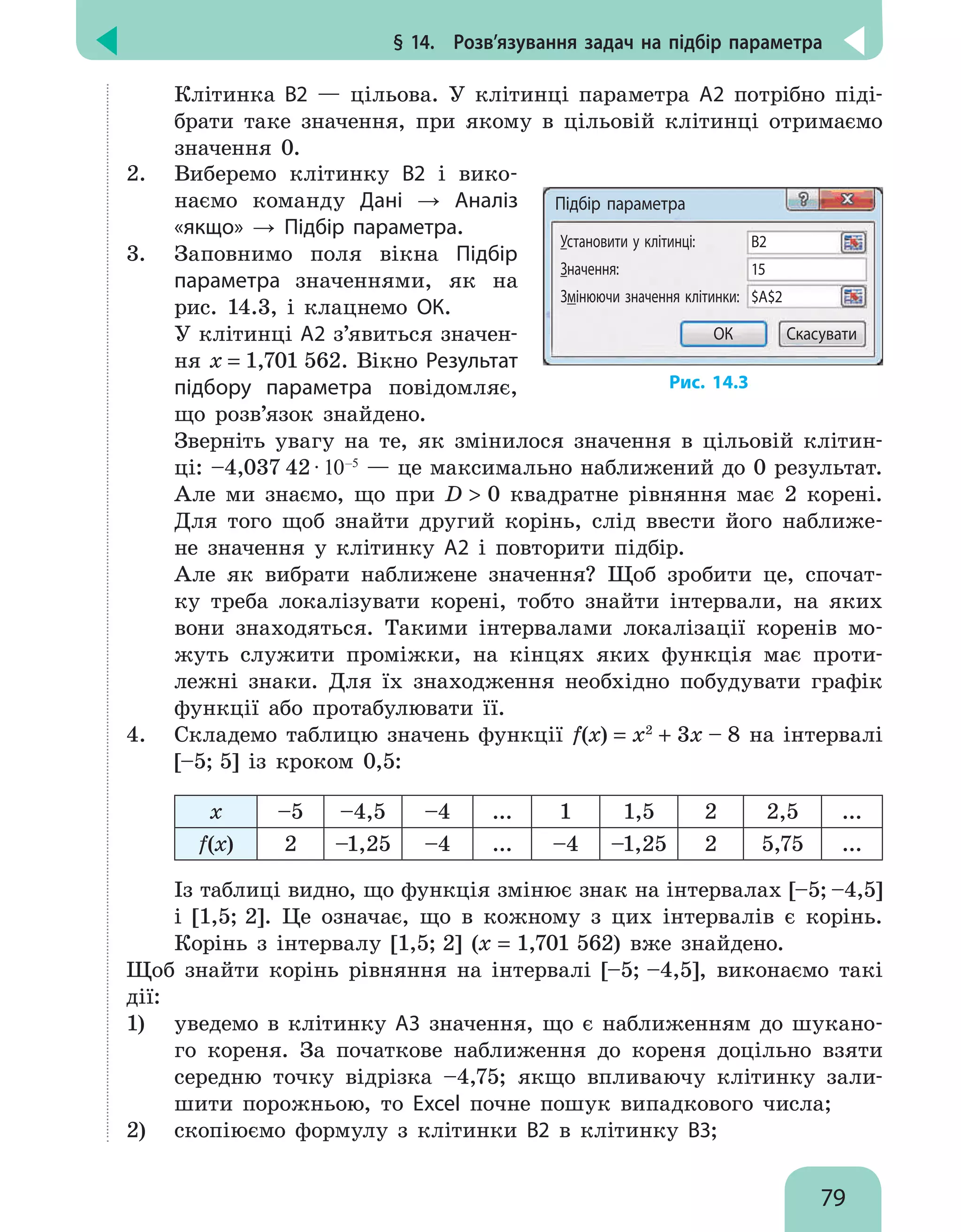 § 14.  Розв’язування задач на підбір параметра
79
Клітинка В2 — цільова. У клітинці параметра А2 потрібно піді-
брати таке значення, при якому в цільовій клітинці отримаємо
значення 0.
2.	 Виберемо клітинку В2 і вико-
наємо команду Дані → Аналіз
«якщо» → Підбір параметра.
3.	 Заповнимо поля вікна Підбір
параметра значеннями, як на
рис. 14.3, і клацнемо ОК.
У клітинці А2 з’явиться значен-
ня x = 1,701 562. Вікно Результат
підбору параметра повідомляє,
що розв’язок знайдено.
Підбір параметра
Установити у клітинці:
Значення:
Змінюючи значення клітинки:
В2
15
$A$2
ОК Скасувати
Рис. 14.3
Зверніть увагу на те, як змінилося значення в цільовій клітин-
ці: –4,037 42 ∙ 10–5
— це максимально наближений до 0 результат.
Але ми знаємо, що при D  0 квадратне рівняння має 2 корені.
Для того щоб знайти другий корінь, слід ввести його наближе-
не значення у клітинку A2 і повторити підбір.
Але як вибрати наближене значення? Щоб зробити це, спочат-
ку треба локалізувати корені, тобто знайти інтервали, на яких
вони знаходяться. Такими інтервалами локалізації коренів мо-
жуть служити проміжки, на кінцях яких функція має проти-
лежні знаки. Для їх знаходження необхідно побудувати графік
функції або протабулювати її.
4. 	 Складемо таблицю значень функції f(x) = x2
+ 3x – 8 на інтервалі
[–5; 5] із кроком 0,5:
х –5 –4,5 –4 ... 1 1,5 2 2,5 ...
f(х) 2 –1,25 –4 ... –4 –1,25 2 5,75 ...
Із таблиці видно, що функція змінює знак на інтервалах [–5; –4,5]
і [1,5; 2]. Це означає, що в кожному з цих інтервалів є корінь.
Корінь з інтервалу [1,5; 2] (x = 1,701 562) вже знайдено.
Щоб знайти корінь рівняння на інтервалі [–5; –4,5], виконаємо такі
дії:
1)	 уведемо в клітинку А3 значення, що є наближенням до шукано-
го кореня. За початкове наближення до кореня доцільно взяти
середню точку відрізка –4,75; якщо впливаючу клітинку зали-
шити порожньою, то Exсel почне пошук випадкового числа;
2)	 скопіюємо формулу з клітинки В2 в клітинку В3;
 