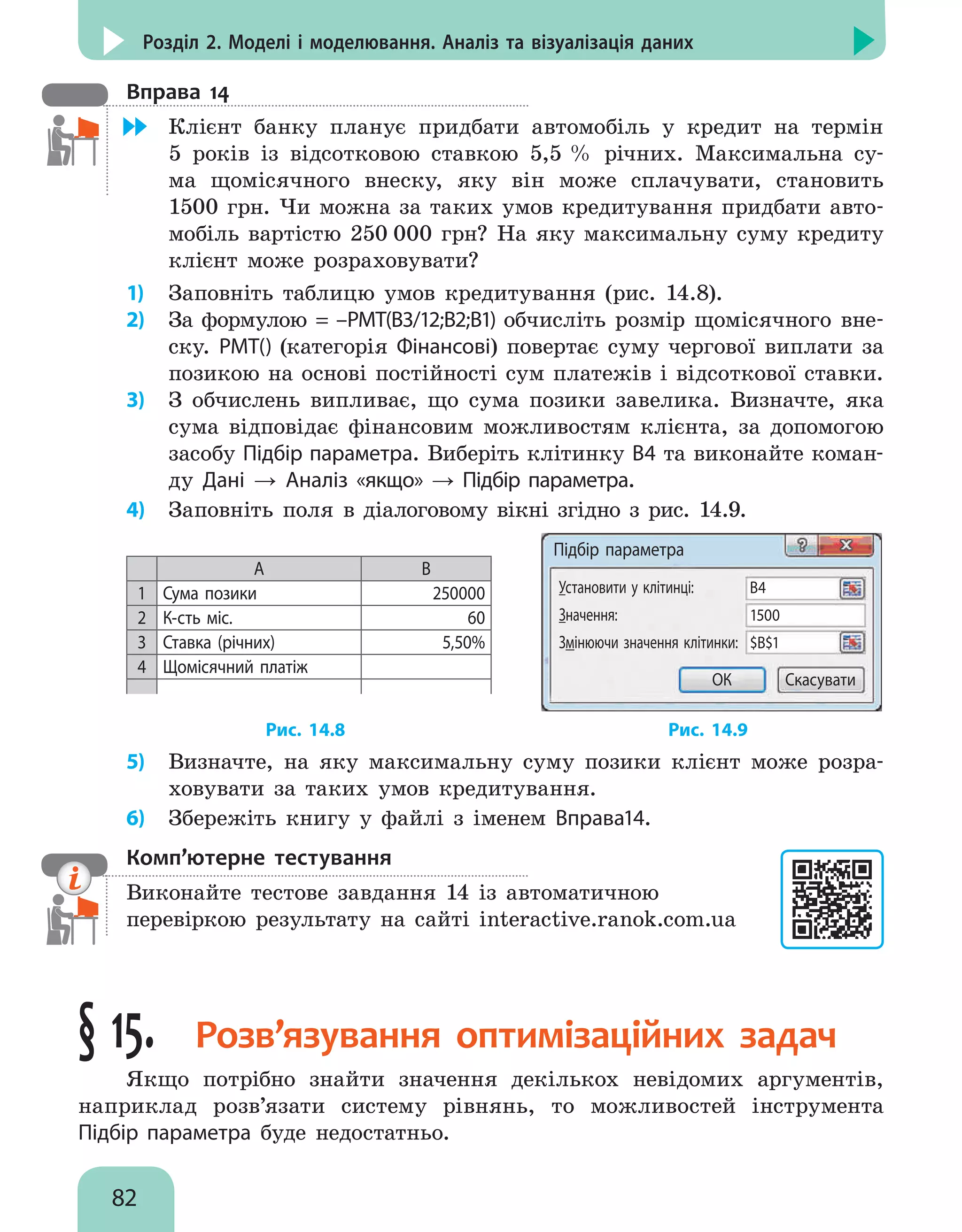 82
Розділ 2. Моделі і моделювання. Аналіз та візуалізація даних
Вправа 14
	 Клієнт банку планує придбати автомобіль у кредит на термін
5 років із відсотковою ставкою 5,5 % річних. Максимальна су-
ма щомісячного внеску, яку він може сплачувати, становить
1500 грн. Чи можна за таких умов кредитування придбати авто-
мобіль вартістю 250 000 грн? На яку максимальну суму кредиту
клієнт може розраховувати?
1)	 Заповніть таблицю умов кредитування (рис. 14.8).
2)	 За формулою = –PMT(B3/12;B2;B1) обчисліть розмір щомісячного вне-
ску. PMT() (категорія Фінансові) повертає суму чергової виплати за
позикою на основі постійності сум платежів і відсоткової ставки.
3)	 З обчислень випливає, що сума позики завелика. Визначте, яка
сума відповідає фінансовим можливостям клієнта, за допомогою
засобу Підбір параметра. Виберіть клітинку В4 та виконайте коман-
ду Дані → Аналіз «якщо» → Підбір параметра.
4)	 Заповніть поля в діалоговому вікні згідно з рис. 14.9.
A B
1 Сума позики 250000
2 К-сть міс. 60
3 Ставка (річних) 5,50%
4 Щомісячний платіж
Підбір параметра
Установити у клітинці:
Значення:
Змінюючи значення клітинки:
В4
1500
$В$1
ОК Скасувати
				 Рис. 14.8				 Рис. 14.9
5)	 Визначте, на яку максимальну суму позики клієнт може розра-
ховувати за таких умов кредитування.
6)	 Збережіть книгу у файлі з іменем Вправа14.
Комп’ютерне тестування

Виконайте тестове завдання 14 із автоматичною
перевіркою результату на сайті interactive.ranok.com.ua
§ 15. 
Розв’язування оптимізаційних задач
Якщо потрібно знайти значення декількох невідомих аргументів,
наприклад розв’язати систему рівнянь, то можливостей інструмента
Підбір параметра буде недостатньо.
 