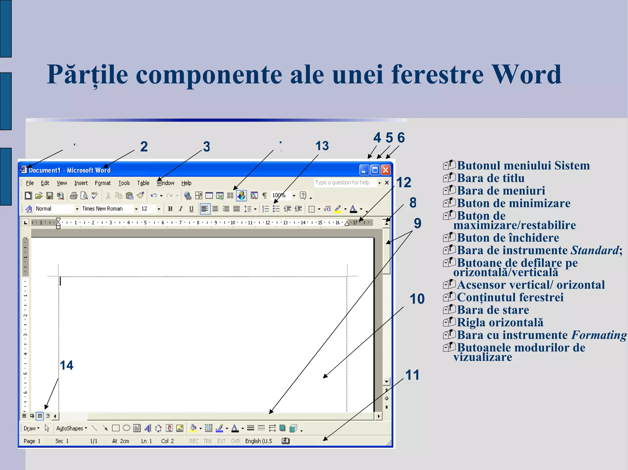 Părţile componente ale unei ferestre  Word B utonul meniului Sistem Bara de titlu  Bara de meniuri Buton de minimizare Buton de  m aximizare /restabilire   Buton de închidere  Bara de instrumente   Standard ; Butoane de defilare pe orizontală / verticală  Acsensor vertical /  orizontal C onţinutul ferestrei B ara de stare Rigla orizontală Bara cu instrumente  Formating Butoanele modurilor de vizualizare 12 13 14 2 1 3 7 4 5 6 8 9 1 1 1 0 