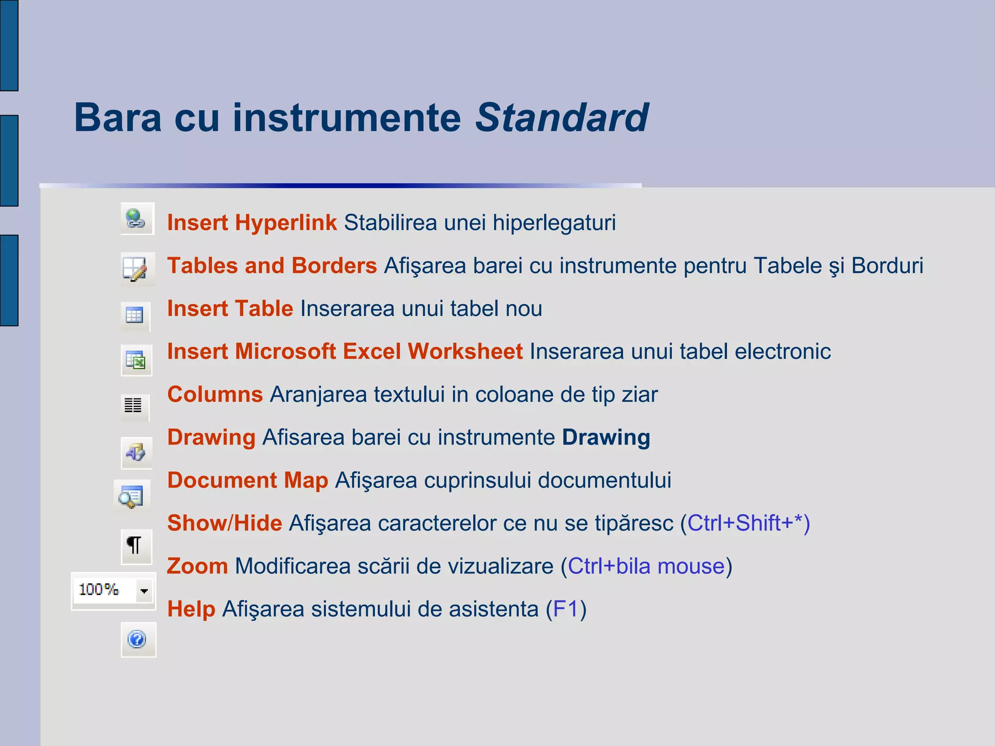 Bara cu instrumente  Standard Insert   Hyperlink   Stabilirea unei hiperlegaturi Tables   and   Borders  Afişarea barei cu instrumente pentru Tabele şi Borduri Insert Table  Inser a rea unui tabel nou Insert Microsoft Excel Worksheet   Inserarea unui tabel electronic Columns  Aranjarea textului in coloane de tip ziar Drawing  Afisarea barei cu instrumente  Drawing Document   Map  Afişarea cuprinsului documentului Show / Hide   Afişarea caracterelor ce nu se tipăresc  ( Ctrl+Shift+*) Zoom  Modificarea scării de vizualizare  ( Ctrl+ bila  mouse ) Help  Afişarea sistemului de asistenta ( F1 ) 