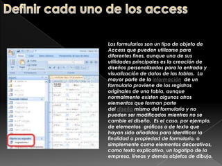 pasos de un diseño RB1. Determinar el propósito de la base de datos Este paso le ayudará a decidir los datos que desea que Visual FoxPro almacene. 2. Determinar las tablas necesarias Cuando ya conozca claramente el propósito de la base de datos, puede dividir la información en temas distintos, como “Employees” u “Orders”. Cada tema será una tabla de la base de datos.3. Determinar los campos necesarios Tiene que decidir la información que desea incluir en cada tabla. Cada categoría de información de una tabla se denomina campo y se muestra en forma de columna al examinar la tabla. 4. Determinar las relaciones Observe cada tabla y decida cómo se relacionan sus datos con los de las tablas restantes.5. Perfeccionar el diseño Busque errores en el diseño. Cree las tablas y agregue algunos registros de datos de ejemplo. Vea si puede obtener los resultados que desea de sus tablas. Haga los ajustes necesarios al diseño.