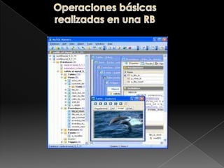 Base de Datos RacionalUna base de datos o banco de datos (en ocasiones abreviada con la sigla BD o con la abreviatura b. d.) es un conjunto de datos pertenecientes a un mismo contexto y almacenados sistemáticamente para su posterior uso. En este sentido, una biblioteca puede considerarse una base de datos compuesta en su mayoría por documentos y textos impresos en papel e indexados para su consulta. En la actualidad, y debido al desarrollo tecnológico de campos como la informática y la electrónica, la mayoría de las bases de datos están en formato digital (electrónico), que ofrece un amplio rango de soluciones al problema de almacenar datos.Existen programas denominados sistemas gestores de bases de datos, abreviado SGBD, que permiten almacenar y posteriormente acceder a los datos de forma rápida y estructurada. Las propiedades de estos SGBD, así como su utilización y administración, se estudian dentro del ámbito de la informática.