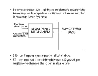 • Sistemet e eksperteve – zgjidhja e problemeve qe zakonisht
kerkojne pune te eksperteve => Sisteme te bazuara ne dituri
(Knowledge Based Systems)

• SIE - per t’u pergjigjur ne pyetjen si behet dicka.
• ST – per proceset e perditshme biznesore. Kryesisht per
ruajtjen e te dhenave dhe jo per analiza te tyre.

 