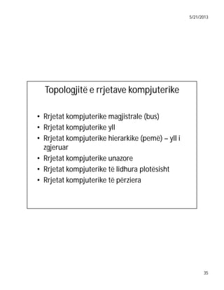 5/21/2013

Topologjitë e rrjetave kompjuterike
• Rrjetat kompjuterike magjistrale (bus)
• Rrjetat kompjuterike yll
• Rrjetat kompjuterike hierarkike (pemë) – yll i
zgjeruar
• Rrjetat kompjuterike unazore
• Rrjetat kompjuterike të lidhura plotësisht
• Rrjetat kompjuterike të përziera

35

 
