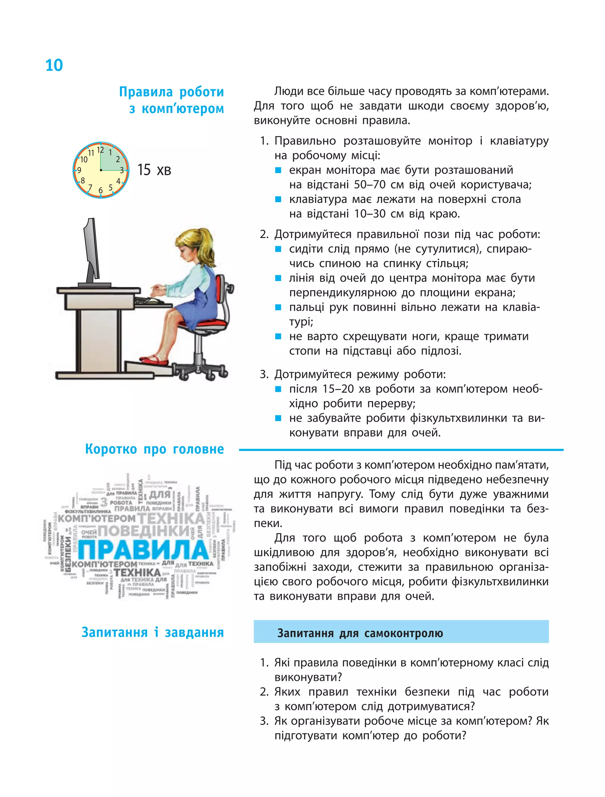10
Люди все більше часу проводять за комп’ютерами.
Для того щоб не  завдати шкоди своєму здоров’ю,
виконуйте основні правила.
1.	Правильно розташовуйте монітор і  клавіатуру
на  робочому місці:
„„ екран монітора має бути розташований
на  відстані 50–70 см  від очей користувача;
„„ клавіатура має лежати на  поверхні стола
на  відстані 10–30 см  від краю.
2.	Дотримуйтеся правильної пози під час роботи:
„„ сидіти слід прямо (не сутулитися), спираю‑
чись спиною на  спинку стільця;
„„ лінія від очей до  центра монітора має бути
перпендикулярною до  площини екрана;
„„ пальці рук повинні вільно лежати на  клавіа‑
турі;
„„ не варто схрещувати ноги, краще тримати
стопи на  підставці або підлозі.
3.	Дотримуйтеся режиму роботи:
„„ після 15–20 хв  роботи за  комп’ютером необ‑
хідно робити перерву;
„„ не забувайте робити фізкультхвилинки та  ви‑
конувати вправи для очей.
Під час роботи з комп’ютером необхідно пам’ятати,
що до кожного робочого місця підведено небезпечну
для життя напругу. Тому слід бути дуже уважними
та  виконувати всі вимоги правил поведінки та  без‑
пеки.
Для того щоб робота з  комп’ютером не  була
шкідливою для здоров’я, необхідно виконувати всі
запобіжні заходи, стежити за  правильною організа‑
цією свого робочого місця, робити фізкультхвилинки
та виконувати вправи для очей.
Запитання для самоконтролю
1.	 Які правила поведінки в комп’ютерному класі слід
виконувати?
2.	Яких правил техніки безпеки під час роботи
з  комп’ютером слід дотримуватися?
3.	 Як організувати робоче місце за комп’ютером? Як
підготувати комп’ютер до  роботи?
Правила роботи
з  комп’ютером
Коротко про головне
Запитання і  завдання
 