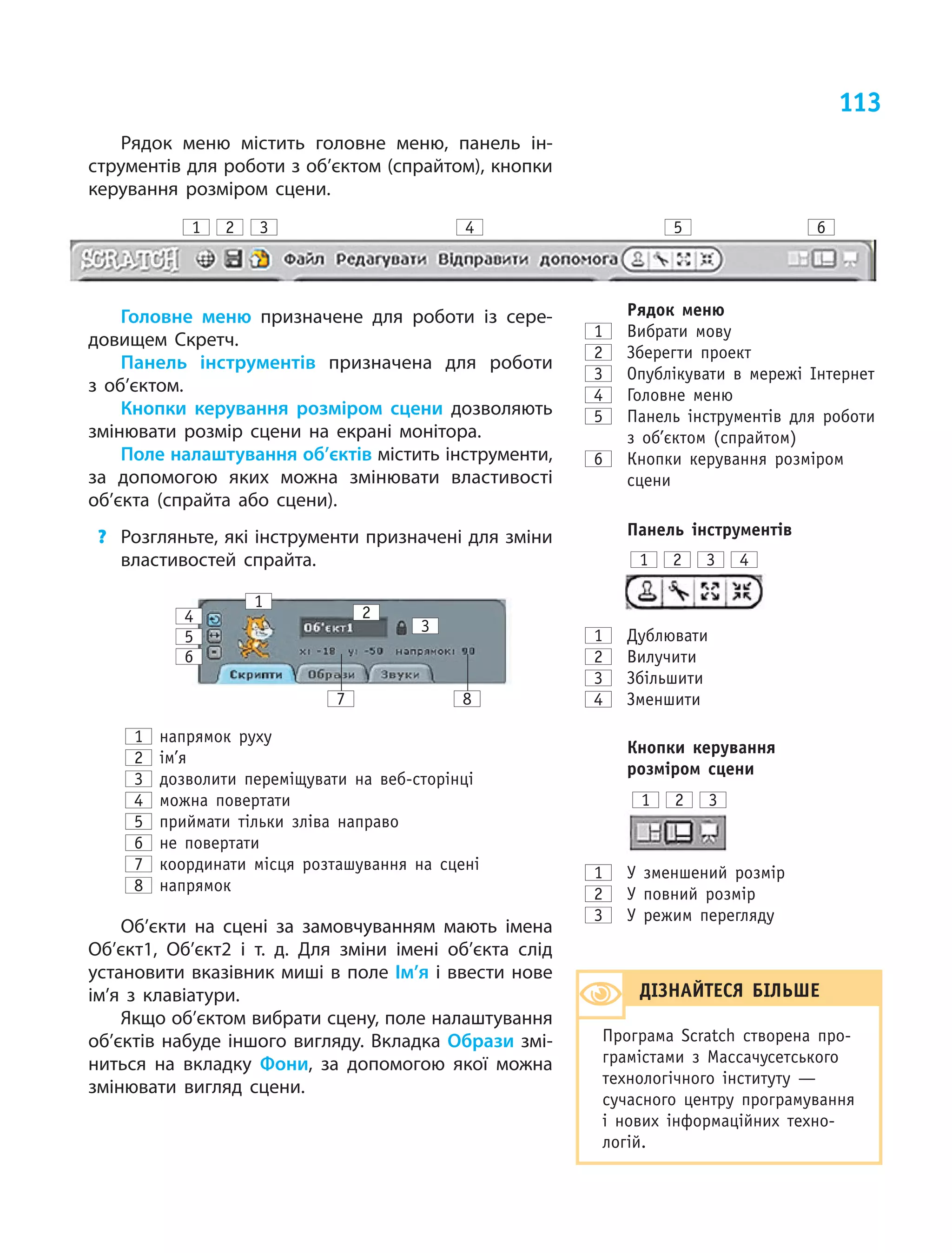 113
Рядок меню містить головне меню, панель ін­
струментів для роботи з об’єктом (спрайтом), кнопки
керування розміром сцени.
1 2 3 4 5 6
Головне меню призначене для роботи із сере­
довищем Скретч.
Панель інструментів призначена для роботи
з об’єктом.
Кнопки керування розміром сцени дозволяють
змінювати розмір сцени на екрані монітора.
Поле налаштування об’єктів містить інструменти,
за допомогою яких можна змінювати властивості
об’єкта (спрайта або сцени).
?	 Розгляньте, які інструменти призначені для зміни
властивостей спрайта.
1
2
3
4
5
6
7 8
1 напрямок руху
2 ім’я
3 дозволити переміщувати на веб-сторінці
4 можна повертати
5 приймати тільки зліва направо
6 не повертати
7 координати місця розташування на сцені
8 напрямок
Об’єкти на сцені за замовчуванням мають імена
Об’єкт1, Об’єкт2 і т. д. Для зміни імені об’єкта слід
установити вказівник миші в поле Ім’я і ввести нове
ім’я з клавіатури.
Якщо об’єктом вибрати сцену, поле налаштування
об’єктів набуде іншого вигляду. Вкладка Образи змі­
ниться на вкладку Фони, за допомогою якої можна
змінювати вигляд сцени.
	 Рядок меню
1 	 Вибрати мову
2 	 Зберегти проект
3 	 Опублікувати в мережі Інтернет
4 	 Головне меню
5 	 Панель інструментів для роботи
з об’єктом (спрайтом)
6 	 Кнопки керування розміром
сцени
1 	 Дублювати
2 	 Вилучити
3 	 Збільшити
4 	 Зменшити
1 	 У зменшений розмір
2 	 У повний розмір
3 	 У режим перегляду
1 2 3
1 2 3 4
	 Панель інструментів
	 Кнопки керування
розміром сцени
ДІЗНАЙТЕСЯ БІЛЬШЕ
Програма Scratch створена про-
грамістами з  Массачусетського
технологічного інституту —
сучасного центру програмування
і  нових інформаційних техно-
логій.
 