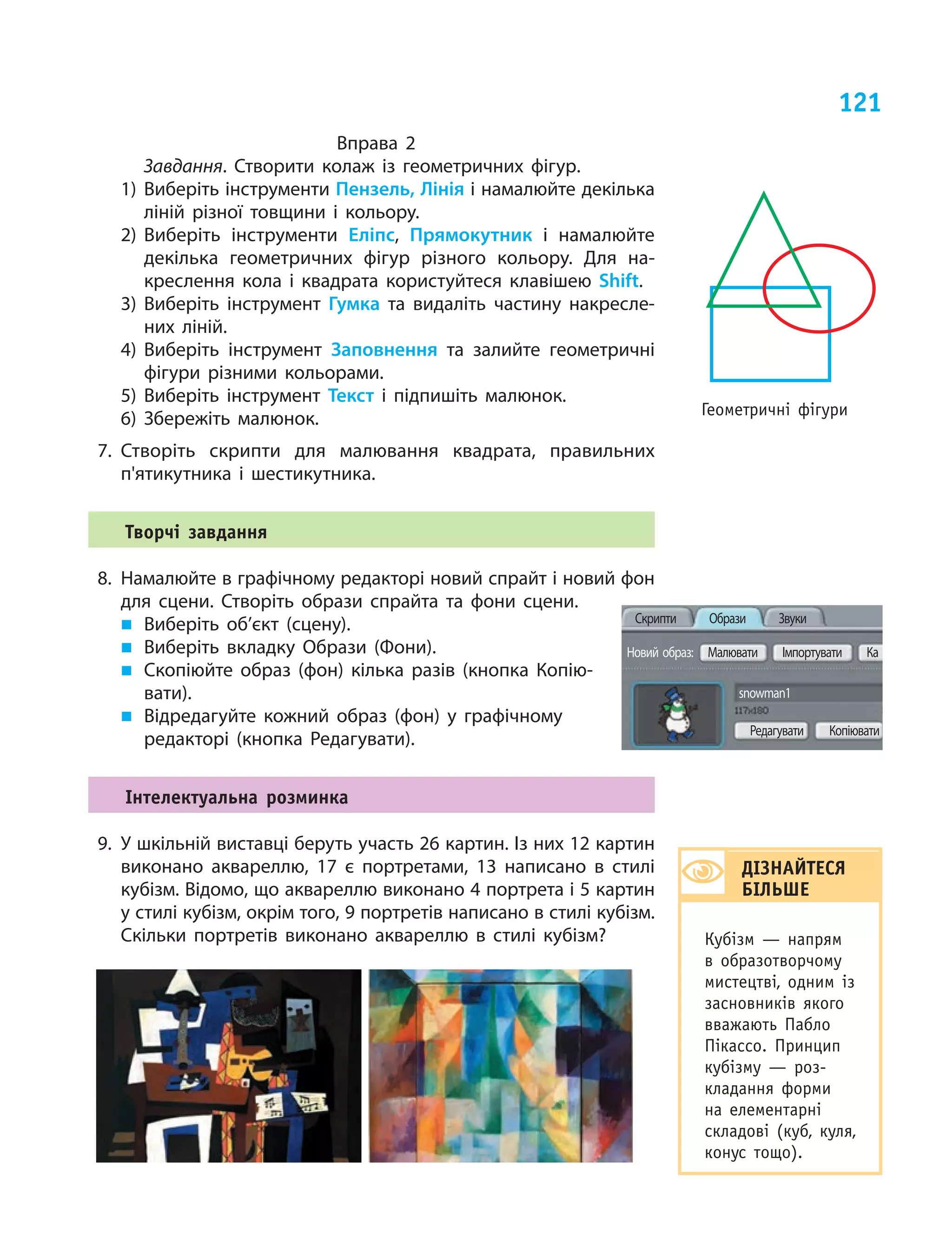 121
Вправа 2
Завдання. Створити колаж із  геометричних фігур.
1)	Виберіть інструменти Пензель, Лінія і намалюйте декілька
ліній різної товщини і  кольору.
2)	Виберіть інструменти Еліпс, Прямокутник і  намалюйте
декілька геометричних фігур різного кольору. Для на­
креслення кола і  квадрата користуйтеся клавішею Shift.
3)	Виберіть інструмент Гумка та видаліть частину накресле­
них ліній.
4)	Виберіть інструмент Заповнення та залийте геометричні
фігури різними кольорами.
5)	Виберіть інструмент Текст і  підпишіть малюнок.
6)	Збережіть малюнок.
7.	Створіть скрипти для малювання квадрата, правильних
п'ятикутника і шестикутника.
Творчі завдання
8.	 Намалюйте в графічному редакторі новий спрайт і новий фон
для сцени. Створіть образи спрайта та фони сцени.
„„ Виберіть об’єкт (сцену).
„„ Виберіть вкладку Образи (Фони).
„„ Скопіюйте образ (фон) кілька разів (кнопка Копію­
вати).
„„ Відредагуйте кожний образ (фон) у графічному
редакторі (кнопка Редагувати).
Інтелектуальна розминка
9.	 У шкільній виставці беруть участь 26 картин. Із них 12 картин
виконано аквареллю, 17 є  портретами, 13 написано в  стилі
кубізм. Відомо, що аквареллю виконано 4 портрета і 5 картин
у стилі кубізм, окрім того, 9 портретів написано в стилі кубізм.
Скільки портретів виконано аквареллю в  стилі кубізм?
Новий образ: Малювати Імпортувати Ка
Скрипти Образи Звуки
Редагувати  Копіювати
snowman1
ДІЗНАЙТЕСЯ
БІЛЬШЕ
Кубізм — напрям
в  образотворчому
мистецтві, одним із
засновників якого
вважають Пабло
Пікассо. Принцип
кубізму — роз-
кладання форми
на елементарні
складові (куб, куля,
конус тощо).
Геометричні фігури
 