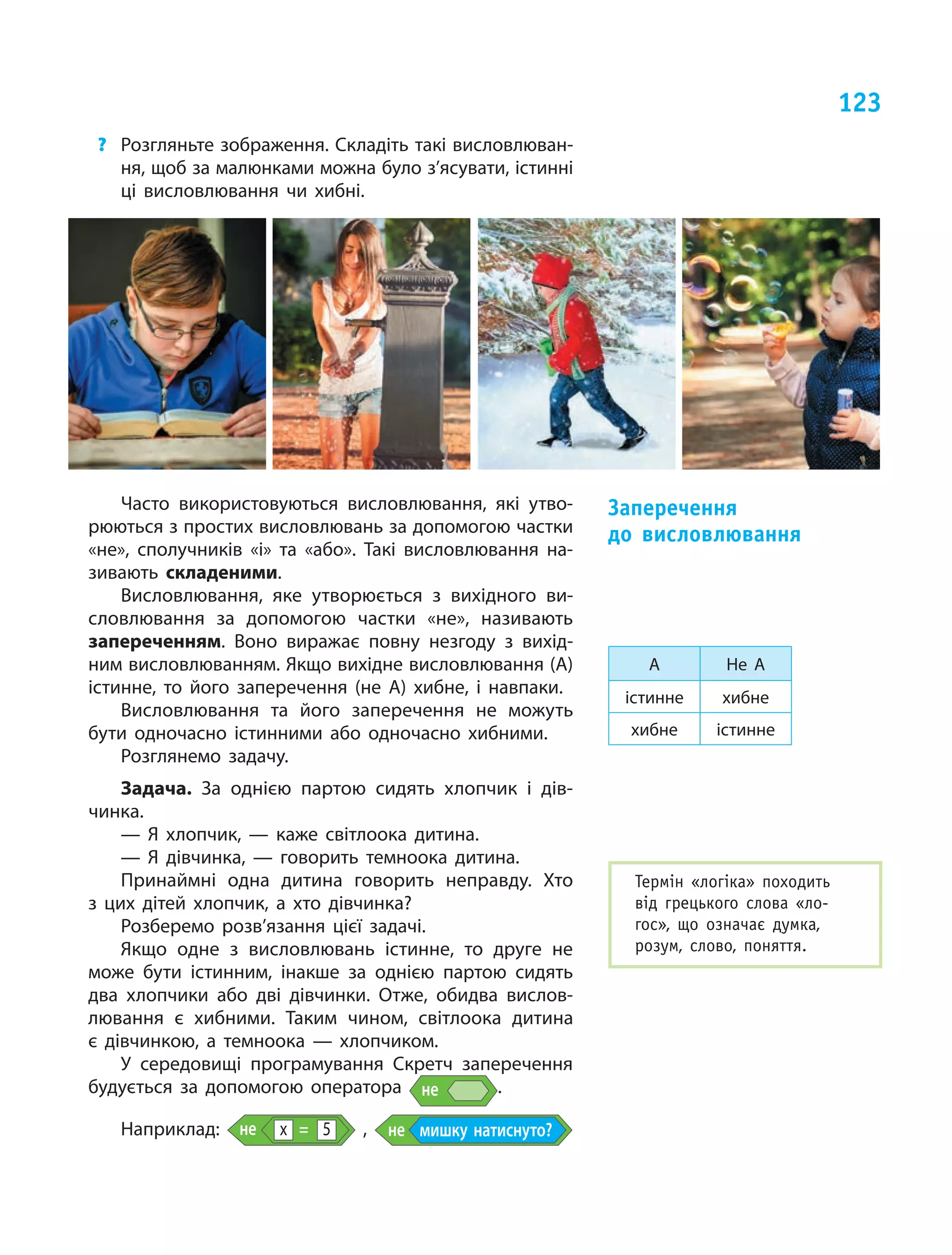 123
?	 Розгляньте зображення. Складіть такі висловлюван­
ня, щоб за малюнками можна було з’ясувати, істинні
ці висловлювання чи хибні.
Часто використовуються висловлювання, які утво­
рюються з простих висловлювань за допомогою частки
«не», сполучників «і» та «або». Такі висловлювання на­
зивають складеними.
Висловлювання, яке утворюється з  вихідного ви­
словлювання за допомогою частки «не», називають
запереченням. Воно виражає повну незгоду з  вихід­
ним висловлюванням. Якщо вихідне висловлювання (А)
істинне, то його заперечення (не А) хибне, і  навпаки.
Висловлювання та його заперечення не можуть
бути одночасно істинними або одночасно хибними.
Розглянемо задачу.
Задача. За однією партою сидять хлопчик і  дів­
чинка.
— Я  хлопчик, — каже світлоока дитина.
— Я  дівчинка, — говорить темноока дитина.
Принаймні одна дитина говорить неправду. Хто
з  цих дітей хлопчик, а  хто дівчинка?
Розберемо розв’язання цієї задачі.
Якщо одне з  висловлювань істинне, то друге не
може бути істинним, інакше за однією партою сидять
два хлопчики або дві дівчинки. Отже, обидва вислов­
лювання є  хибними. Таким чином, світлоока дитина
є  дівчинкою, а  темноока — хлопчиком.
У середовищі програмування Скретч заперечення
будується за допомогою оператора не .
Наприклад: не =х 5 , не мишку натиснуто?
Заперечення
до висловлювання
Термін «логіка» походить
від грецького слова «ло-
гос», що означає думка,
розум, слово, поняття.
А Не А
істинне хибне
хибне істинне
 
