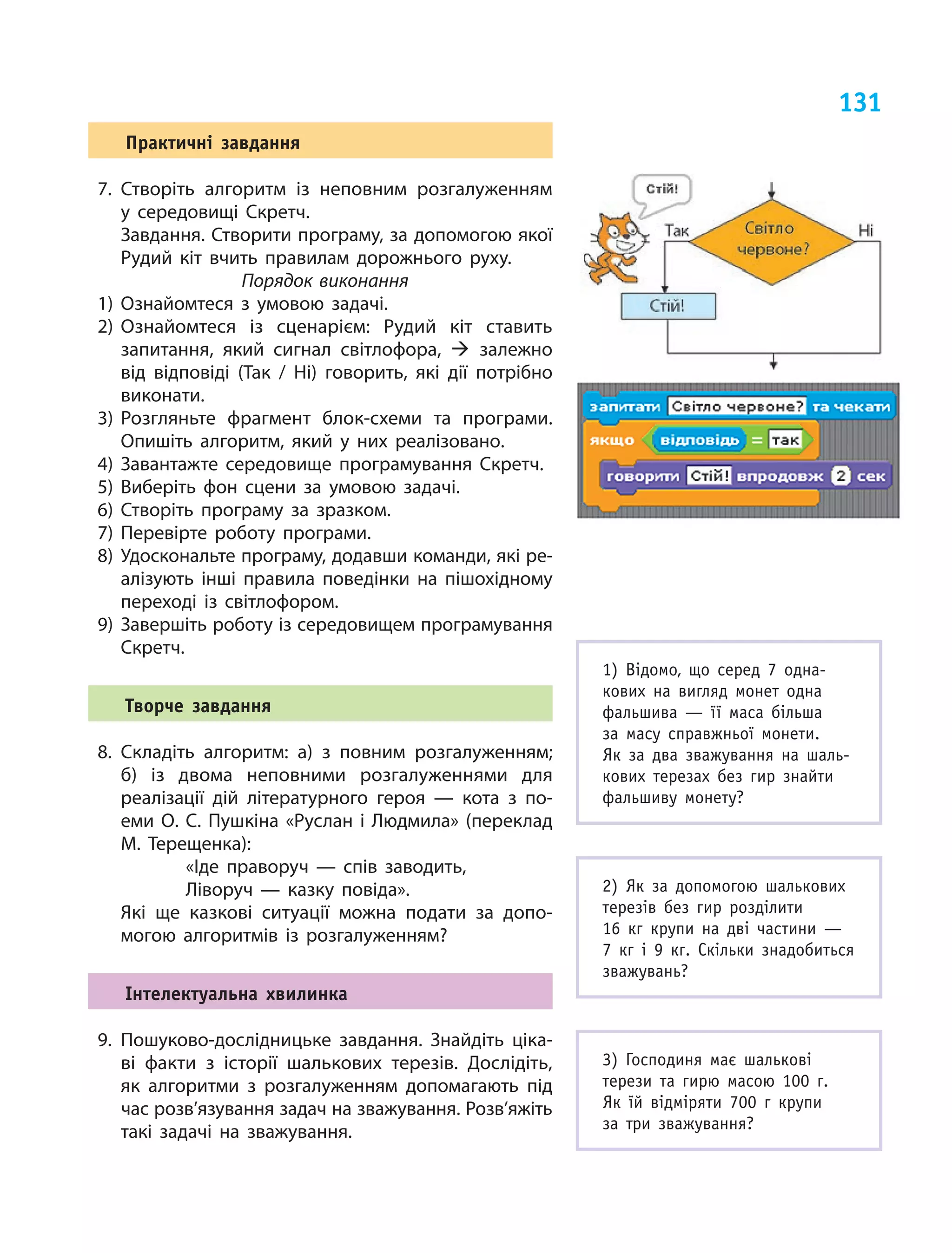 131
Практичні завдання
7.	Створіть алгоритм із  неповним розгалуженням
у  середовищі Скретч.
Завдання. Створити програму, за допомогою якої
Рудий кіт вчить правилам дорожнього руху.
Порядок виконання
1)	Ознайомтеся з  умовою задачі.
2)	Ознайомтеся із  сценарієм: Рудий кіт ставить
запитання, який сигнал світлофора,  залежно
від відповіді (Так  /  Ні) говорить, які дії потрібно
виконати.
3)	Розгляньте фрагмент блок-схеми та  програми.
Опишіть алгоритм, який у  них реалізовано.
4)	Завантажте середовище програмування Скретч.
5)	Виберіть фон сцени за  умовою задачі.
6)	Створіть програму за  зразком.
7)	Перевірте роботу програми.
8)	Удоскональте програму, додавши команди, які ре-
алізують інші правила поведінки на  пішохідному
переході із  світлофором.
9)	Завершіть роботу із середовищем програмування
Скретч.
Творче завдання
8.	Складіть алгоритм: а) з  повним розгалуженням;
б) із  двома неповними розгалуженнями для
реалізації дій літературного героя — кота з  по-
еми О. С. Пушкіна «Руслан і Людмила» (переклад
М. Терещенка):
«Іде праворуч — спів заводить,
Ліворуч — казку повіда».
Які ще  казкові ситуації можна подати за  допо-
могою алгоритмів із  розгалуженням?
Інтелектуальна хвилинка
9.	Пошуково-дослідницьке завдання. Знайдіть ціка-
ві факти з  історії шалькових терезів. Дослідіть,
як  алгоритми з  розгалуженням допомагають під
час розв’язування задач на зважування. Розв’яжіть
такі задачі на  зважування.
1) Відомо, що  серед 7 одна-
кових на  вигляд монет одна
фальшива — її  маса більша
за  масу справжньої монети.
Як  за два зважування на  шаль-
кових терезах без гир знайти
фальшиву монету?
2) Як за  допомогою шалькових
терезів без гир розділити
16 кг  крупи на  дві частини —
7 кг  і  9 кг. Скільки знадобиться
зважувань?
3) Господиня має шалькові
терези та  гирю масою 100 г.
Як  їй відміряти 700 г  крупи
за  три зважування?
 