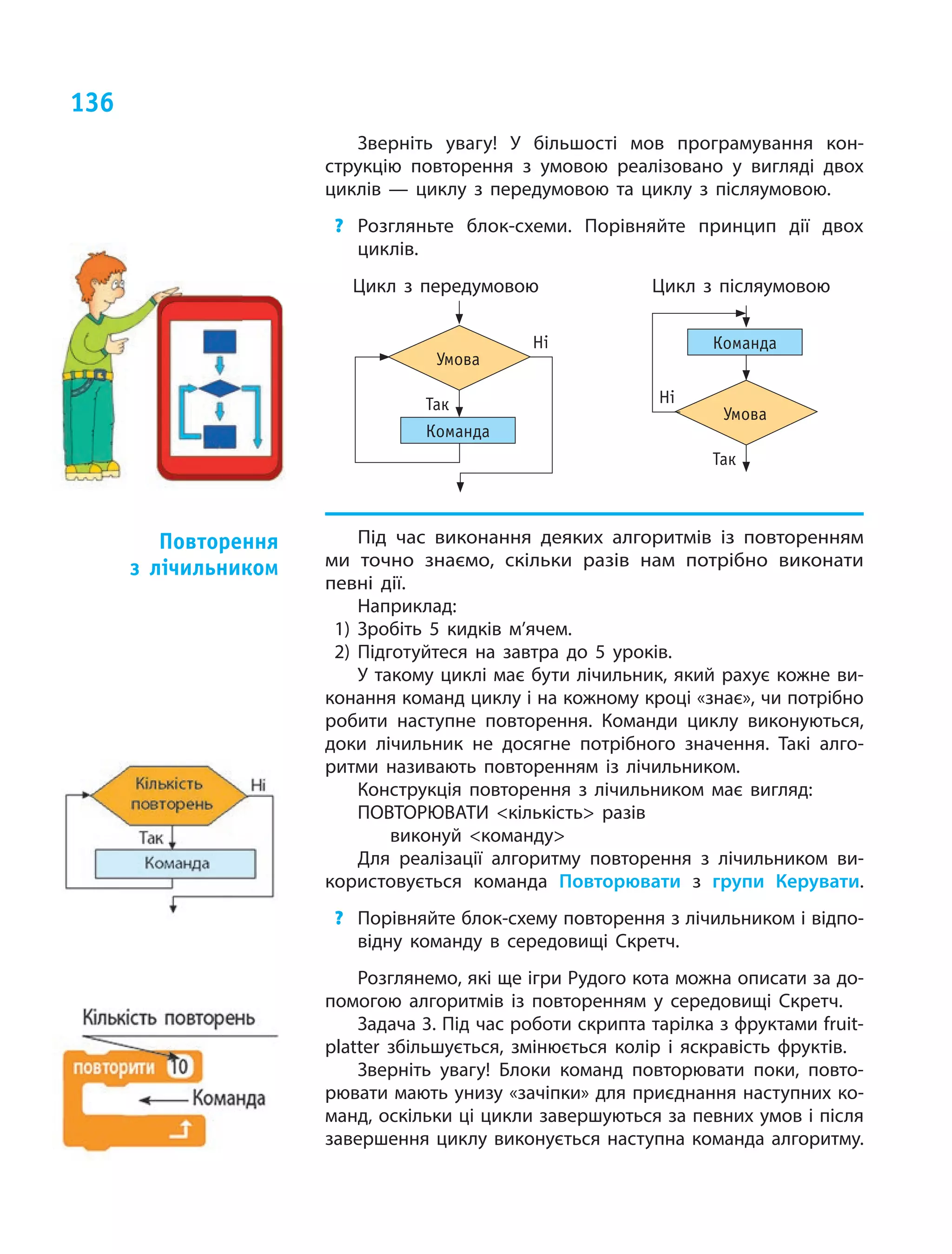 136
Зверніть увагу! У  більшості мов програмування кон-
струкцію повторення з  умовою реалізовано у  вигляді двох
циклів — циклу з  передумовою та  циклу з  післяумовою.
?	 Розгляньте блок-схеми. Порівняйте принцип дії двох
циклів.
Цикл з  передумовою
Команда
Умова
Так
Ні
Цикл з  післяумовою
Команда
Умова
Так
Ні
Під час виконання деяких алгоритмів із  повторенням
ми  точно знаємо, скільки разів нам потрібно виконати
певні дії.
Наприклад:
1)	Зробіть 5 кидків м’ячем.
2)	Підготуйтеся на  завтра до  5 уроків.
У такому циклі має бути лічильник, який рахує кожне ви-
конання команд циклу і на кожному кроці «знає», чи потрібно
робити наступне повторення. Команди циклу виконуються,
доки лічильник не  досягне потрібного значення. Такі алго-
ритми називають повторенням із  лічильником.
Конструкція повторення з  лічильником має вигляд:
ПОВТОРЮВАТИ кількість разів
виконуй команду
Для реалізації алгоритму повторення з  лічильником ви-
користовується команда Повторювати з  групи Керувати.
?	 Порівняйте блок-схему повторення з лічильником і відпо-
відну команду в  середовищі Скретч.
Розглянемо, які ще ігри Рудого кота можна описати за до-
помогою алгоритмів із  повторенням у  середовищі Скретч.
Задача 3. Під час роботи скрипта тарілка з фруктами fruit-
platter збільшується, змінюється колір і  яскравість фруктів.
Зверніть увагу! Блоки команд повторювати поки, повто-
рювати мають унизу «зачіпки» для приєднання наступних ко-
манд, оскільки ці цикли завершуються за певних умов і після
завершення циклу виконується наступна команда алгоритму.
Повторення
з  лічильником
 