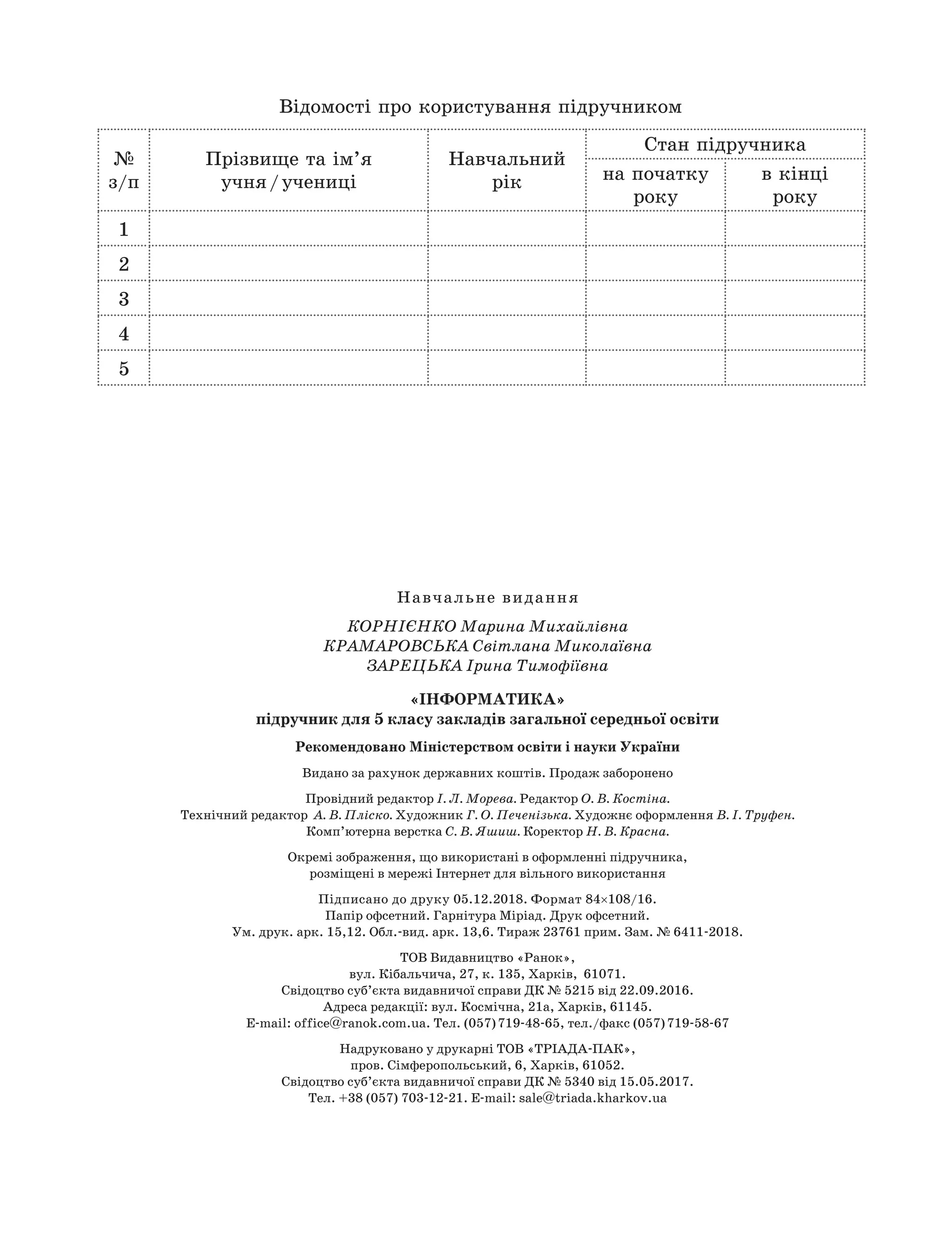 Відомості про користування підручником
№
з/п
Прізвище та ім’я
учня / учениці
Навчальний
рік
Стан підручника
на початку
року
в кінці
року
1
2
3
4
5
Навчальне видання
Корнієнко Марина Михайлівна
Крамаровська Світлана Миколаївна
Зарецька Ірина Тимофіївна
«Інформатика»
підручник для 5 класу закладів загальної середньої освіти
Рекомендовано Міністерством освіти і науки України
Видано за рахунок державних коштів. Продаж заборонено
Провідний редактор І. Л. Морева. Редактор О. В. Костіна.
Технічний редактор А. В. Пліско. Художник Г. О. Печенізька. Художнє оформлення В. І. Труфен.
Комп’ютерна верстка С. В. Яшиш. Коректор Н. В. Красна.
Окремі зображення, що використані в оформленні підручника,
розміщені в мережі Інтернет для вільного використання
Підписано до друку 05.12.2018. Формат 84×108/16.
Папір офсетний. Гарнітура Міріад. Друк офсетний.
Ум. друк. арк. 15,12. Обл.-вид. арк. 13,6. Тираж 23761 прим. Зам. № 6411-2018.
ТОВ Видавництво «Ранок»,
вул. Кібальчича, 27, к. 135, Харків, 61071.
Свідоцтво суб’єкта видавничої справи ДК № 5215 від 22.09.2016.
Адреса редакції: вул. Космічна, 21а, Харків, 61145.
E-mail: office@ranok.com.ua. Тел. (057) 719-48-65, тел./факс (057) 719-58-67
Надруковано у друкарні ТОВ «ТРІАДА-ПАК»,
пров. Сімферопольський, 6, Харків, 61052.
Свідоцтво суб’єкта видавничої справи ДК № 5340 від 15.05.2017.
Тел. +38 (057) 703-12-21. E-mail: sale@triada.kharkov.ua
 