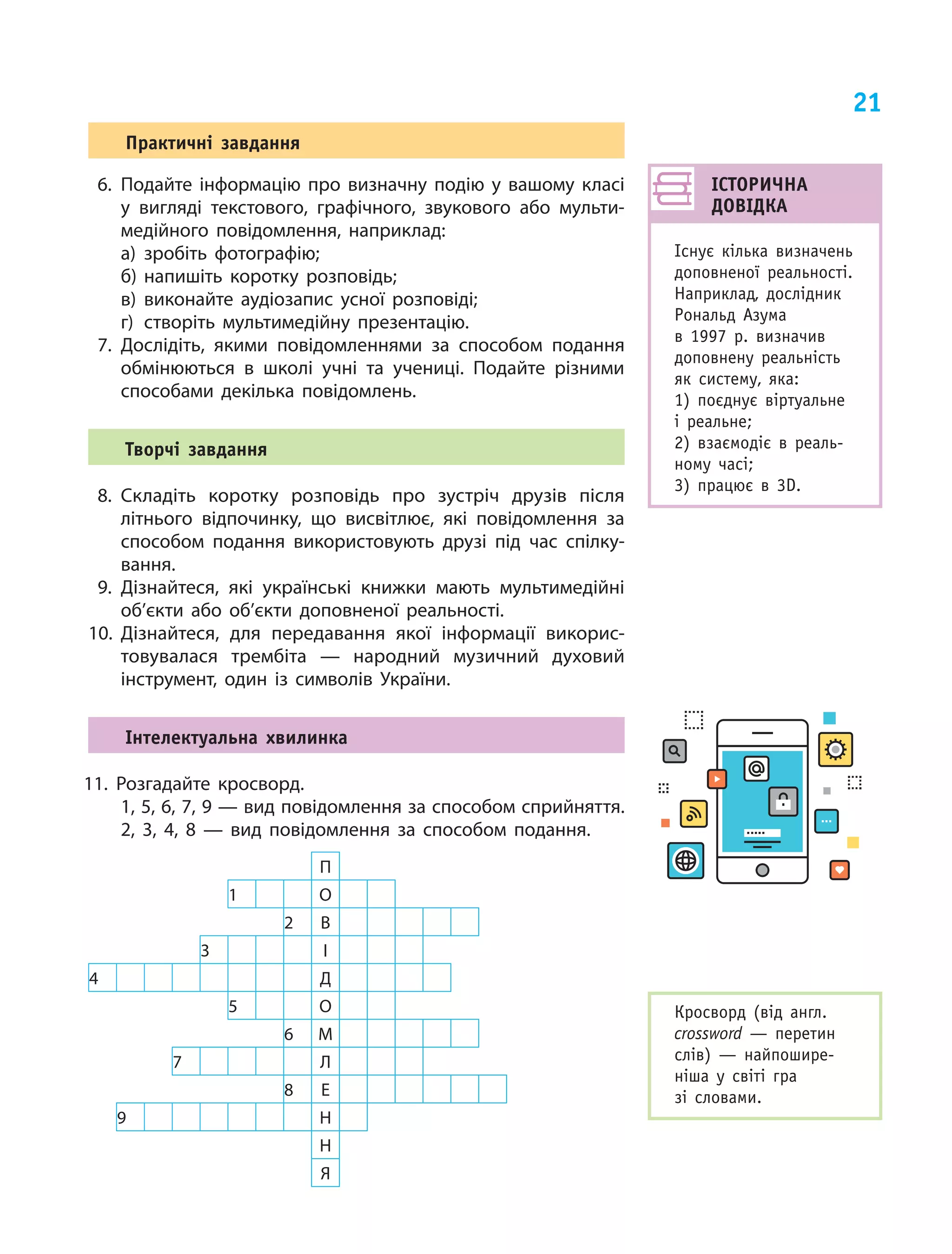 21
Практичні завдання
6.	Подайте інформацію про визначну подію у вашому класі
у вигляді текстового, графічного, звукового або мульти‑
медійного повідомлення, наприклад:
а)	зробіть фотографію;
б)	напишіть коротку розповідь;
в)	виконайте аудіозапис усної розповіді;
г)	 створіть мультимедійну презентацію.
7.	Дослідіть, якими повідомленнями за способом подання
обмінюються в  школі учні та учениці. Подайте різними
способами декілька повідомлень.
Творчі завдання
8.	Складіть коротку розповідь про зустріч друзів після
літнього відпочинку, що висвітлює, які повідомлення за
способом подання використовують друзі під час спілку‑
вання.
9.	Дізнайтеся, які українські книжки мають мультимедійні
об’єкти або об’єкти доповненої реальності.
10.	Дізнайтеся, для передавання якої інформації викорис‑
товувалася трембіта — народний музичний духовий
інструмент, один із символів України.
Інтелектуальна хвилинка
11.	Розгадайте кросворд.
1, 5, 6, 7, 9 — вид повідомлення за способом сприйняття.
2, 3, 4, 8  — вид повідомлення за способом подання.
П
1 О
2 В
3 І
4 Д
5 О
6 М
7 Л
8 Е
9 Н
Н
Я
Кросворд (від англ.
сrossword  — перетин
слів)  — найпошире­
ніша у  світі гра
зі словами.
ІСТОРИЧНА
ДОВІДКА
Існує кілька визначень
допов­неної реальності.
Наприклад, дослідник
Рональд Азума
в  1997  р. визначив
доповнену реальність
як систему, яка:
1) поєднує віртуальне
і  реальне;
2) взаємодіє в  реаль­
ному часі;
3) працює в  3D.
 