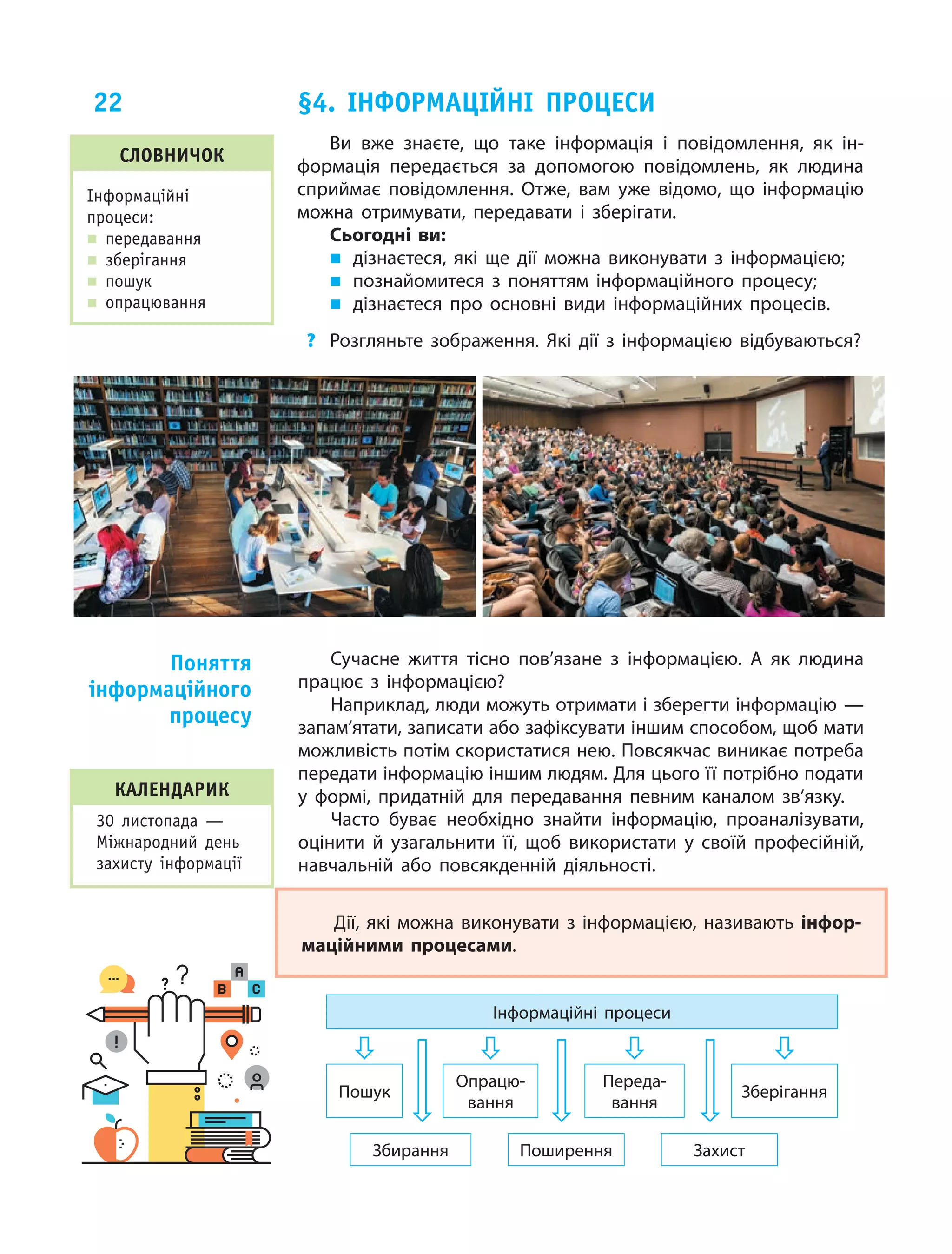 22
Ви вже знаєте, що таке інформація і  повідомлення,  як ін‑
формація передається за допомогою повідомлень, як людина
сприймає повідомлення. Отже, вам уже відомо, що інформацію
можна отримувати, передавати і зберігати.
Сьогодні ви:
„„ дізнаєтеся, які ще дії можна виконувати з  інформацією;
„„ познайомитеся з  поняттям інформаційного процесу;
„„ дізнаєтеся про основні види інформаційних процесів.
?	 Розгляньте зображення. Які дії з інформацією відбуваються?
§4. Інформаційні процеси
Словничок
Інформаційні
процеси:
„„ передавання
„„ зберігання
„„ пошук
„„ опрацювання
Сучасне життя тісно пов’язане з  інформацією. А  як людина
працює з  інформацією?
Наприклад, люди можуть отримати і зберегти інформацію —
запам’ятати, записати або зафіксувати іншим способом, щоб мати
можливість потім скористатися нею. Повсякчас виникає потреба
передати інформацію іншим людям. Для цього її потрібно подати
у формі, придатній для передавання певним каналом зв’язку.
Часто буває необхідно знайти інформацію, проаналізувати,
оцінити й  узагальнити її, щоб використати у  своїй професійній,
навчальній або повсякденній діяльності.
Дії, які можна виконувати з інформацією, називають інфор-
маційними процесами.
Поняття
інформаційного
процесу
Інформаційні процеси
   
Пошук
Опрацю‑
вання
Переда‑
вання
Зберігання
Збирання Поширення Захист
КАЛЕНДАРИК
30 листопада —
Міжнародний день
захисту інформації
 