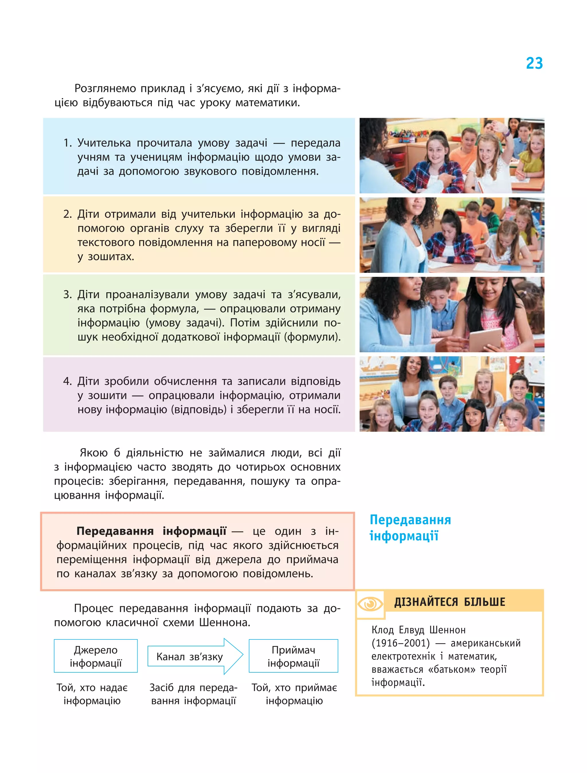 23
Розглянемо приклад і з’ясуємо, які дії з інформа‑
цією відбуваються під час уроку математики.
1.	Учителька прочитала умову задачі — передала
учням та ученицям інформацію щодо умови за‑
дачі за допомогою звукового повідомлення.
2.	Діти отримали від учительки інформацію за до‑
помогою органів слуху та зберегли її у  вигляді
текстового повідомлення на паперовому носії —
у зошитах.
3.	Діти проаналізували умову задачі та з’ясували,
яка потрібна формула, — опрацювали отриману
інформацію (умову задачі). Потім здійснили по‑
шук необхідної додаткової інформації (формули).
4.	Діти зробили обчислення та записали відповідь
у  зошити — опрацювали інформацію, отримали
нову інформацію (відповідь) і зберегли її на носії.
Якою б  діяльністю не займалися люди, всі дії
з  інформацією часто зводять до чотирьох основних
процесів: зберігання, передавання, пошуку та опра‑
цювання інформації.
Процес передавання інформації подають за до‑
помогою класичної схеми Шеннона.
Джерело
інформації
Приймач
інформації
Канал зв’язку
Той, хто надає
інформацію
Засіб для переда‑
вання інформації
Той, хто приймає
інформацію
Передавання
інформації
ДІЗНАЙТЕСЯ БІЛЬШЕ
Клод Елвуд Шеннон
(1916–2001)  — американський
електротехнік і  математик,
вважається «батьком» теорії
інформації.
Передавання інформації — це один з  ін‑
формаційних процесів, під час якого здійснюється
переміщення інформації від джерела до приймача
по каналах зв’язку за допомогою повідомлень.
 