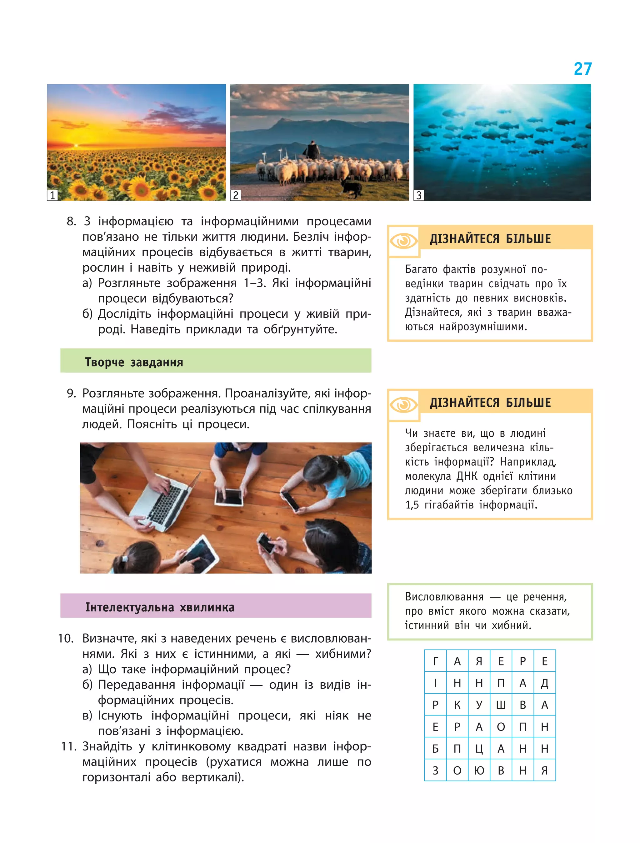 27
Г А Я Е Р Е
І Н Н П А Д
Р К У Ш В А
Е Р А О П Н
Б П Ц А Н Н
З О Ю В Н Я
Висловлювання — це речення,
про вміст якого можна сказати,
істинний він чи хибний.
8. З  інформацією та інформаційними процесами
пов’язано не тільки життя людини. Безліч інфор‑
маційних процесів відбувається в  житті тварин,
рослин і  навіть у  неживій природі.
а) Розгляньте зображення 1–3. Які інформаційні
процеси відбуваються?
б) Дослідіть інформаційні процеси у  живій при‑
роді. Наведіть приклади та обґрунтуйте.
творче завдання
9. Розгляньте зображення. Проаналізуйте, які інфор‑
маційні процеси реалізуються під час спілкування
людей. Поясніть ці процеси.
Інтелектуальна хвилинка
10. Визначте, які з наведених речень є висловлюван‑
нями. Які з  них є  істинними, а  які — хибними?
а) Що таке інформаційний процес?
б) Передавання інформації — один із видів ін‑
формаційних процесів.
в) Існують інформаційні процеси, які ніяк не
пов’язані з  інформацією.
11. Знайдіть у  клітинковому квадраті назви інфор‑
маційних процесів (рухатися можна лише по
горизонталі або вертикалі).
дІЗнАйтесЯ бІлЬШе
Багато фактів розумної по­
ведінки тварин свідчать про їх
здатність до певних висновків.
дізнайтеся, які з тварин вважа­
ються найрозумнішими.
321
дІЗнАйтесЯ бІлЬШе
Чи знаєте ви, що в людині
зберігається величезна кіль­
кість інформації? Наприклад,
молекула дНК однієї клітини
людини може зберігати близько
1,5 гігабайтів інформації.
 