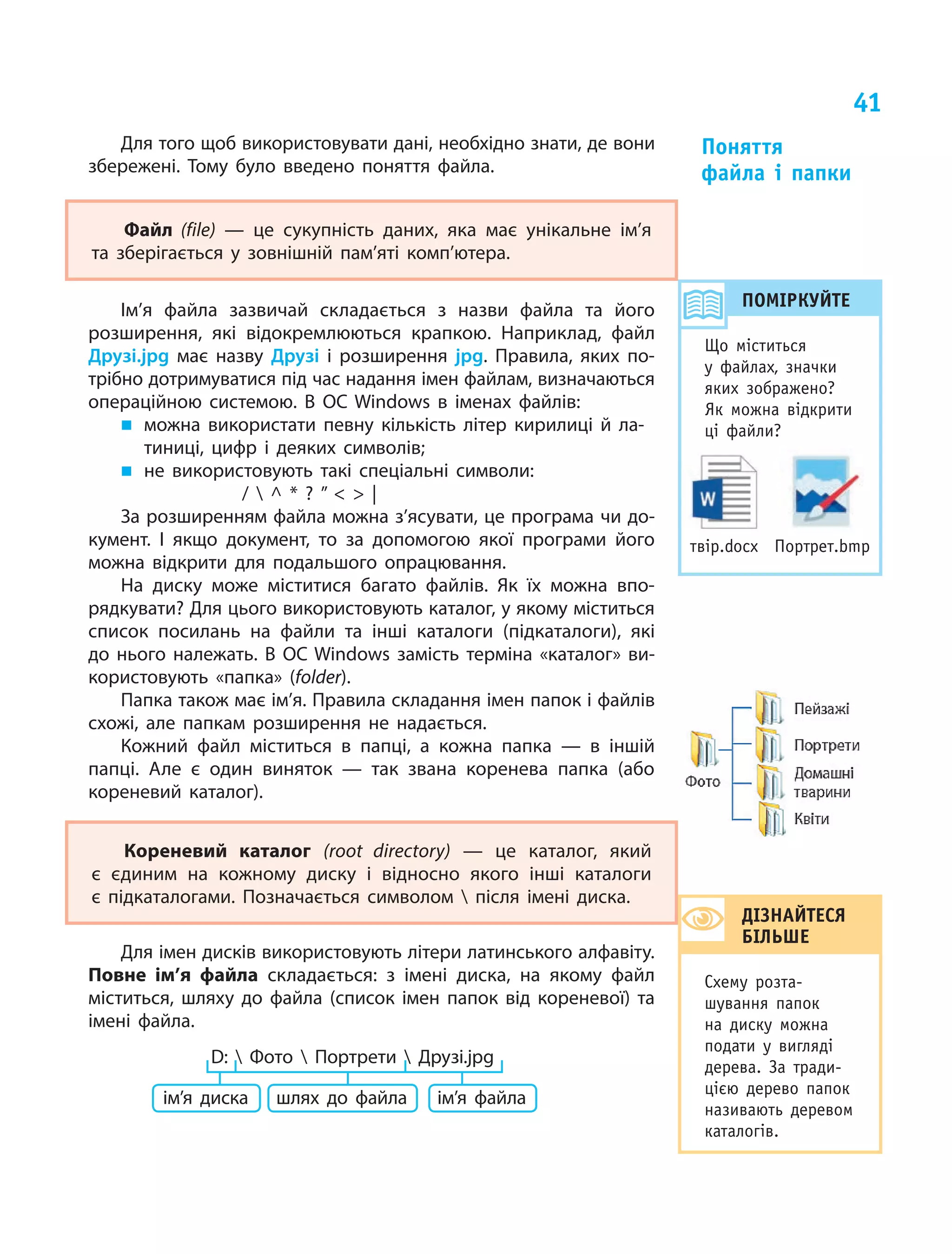 41
Для того щоб використовувати дані, необхідно знати, де вони
збережені. Тому було введено поняття файла.
Файл (file)  — це  сукупність даних, яка має унікальне ім’я
та  зберігається у  зовнішній пам’яті комп’ютера.
Ім’я файла зазвичай складається з назви файла та  його
розширення, які відокремлюються крапкою. Наприклад, файл
Друзі.jpg має назву Друзі і  розширення jpg. Правила, яких по‑
трібно дотримуватися під час надання імен файлам, визначаються
операційною системою. В ОС Windows в  іменах файлів:
„ можна використати певну кількість літер кирилиці й  ла‑
тиниці, цифр і  деяких символів;
„ не використовують такі спеціальні символи:
/  ^ * ? ”   |
За розширенням файла можна з’ясувати, це програма чи до‑
кумент. І  якщо документ, то  за допомогою якої програми його
можна відкрити для подальшого опрацювання.
На диску може міститися багато файлів. Як  їх можна впо‑
рядкувати? Для цього використовують каталог, у якому міститься
список посилань на  файли та  інші каталоги (підкаталоги), які
до  нього належать. В ОС Windows замість терміна «каталог» ви‑
користовують «папка» (folder).
Папка також має ім’я. Правила складання імен папок і файлів
схожі, але папкам розширення не  надається.
Кожний файл міститься в  папці, а  кожна папка  — в  іншій
папці. Але є  один виняток  — так звана коренева папка (або
кореневий каталог).
Кореневий каталог (root directory)  — це  каталог, який
є  єдиним на  кожному диску і  відносно якого інші каталоги
є  підкаталогами. Позначається символом  після імені диска.
Для імен дисків використовують літери латинського алфавіту.
Повне ім’я файла складається: з імені диска, на  якому файл
міститься, шляху до  файла (список імен папок від кореневої) та
імені файла.
D:  Фото  Портрети  Друзі.jpg
ім’я диска шлях до файла ім’я файла
Поняття
файла і папки
дІЗнАйтесЯ
бІлЬШе
Схему розта­
шування папок
на диску можна
подати у вигляді
дерева. за тради­
цією дерево папок
називають деревом
каталогів.
ПОМІРкУйте
Що міститься
у файлах, значки
яких зображено?
Як можна відкрити
ці файли?
твір.docx Портрет.bmp
 