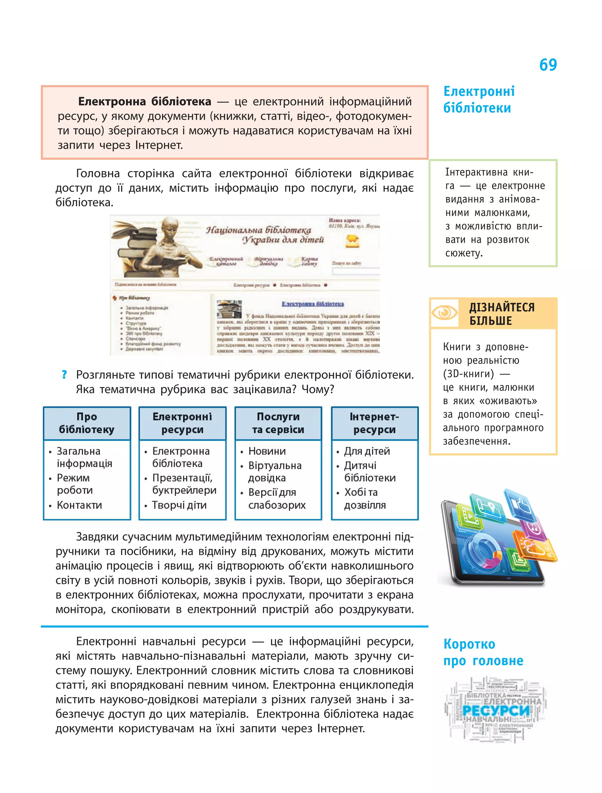 69
Електронна бібліотека  — це електронний інформаційний
ресурс, у якому документи (книжки, статті, відео-, фотодокумен-
ти тощо) зберігаються і можуть надаватися користувачам на їхні
запити через Інтернет.
Головна сторінка сайта електронної бібліотеки відкриває
доступ до її даних, містить інформацію про послуги, які надає
бібліотека.
?	 Розгляньте типові тематичні рубрики електронної бібліотеки.
Яка тематична рубрика вас зацікавила? Чому?
Завдяки сучасним мультимедійним технологіям електронні під-
ручники та посібники, на відміну від друкованих, можуть містити
анімацію процесів і явищ, які відтворюють об’єкти навколишнього
світу в усій повноті кольорів, звуків і рухів. Твори, що зберігаються
в електронних бібліотеках, можна прослухати, прочитати з екрана
монітора, скопіювати в електронний пристрій або роздрукувати.
Електронні навчальні ресурси  — це інформаційні ресурси,
які містять навчально-пізнавальні матеріали, мають зручну си­
стему пошуку. Електронний словник містить слова та словникові
статті, які впорядковані певним чином. Електронна енциклопедія
містить науково-довідкові матеріали з різних галузей знань і за-
безпечує доступ до цих матеріалів. Електронна бібліотека надає
документи користувачам на їхні запити через Інтернет.
Коротко
про головне
Інтерактивна кни-
га  — це електронне
видання з  анімова-
ними малюнками,
з  можливістю впли-
вати на розвиток
сюжету.
Електронні
бібліотеки
ДІЗНАЙТЕСЯ
БІЛЬШЕ
Книги з доповне-
ною реальністю
(3D-книги) —
це книги, малюнки
в  яких «оживають»
за допомогою спеці­
ального програм­ного
забезпечення.
 