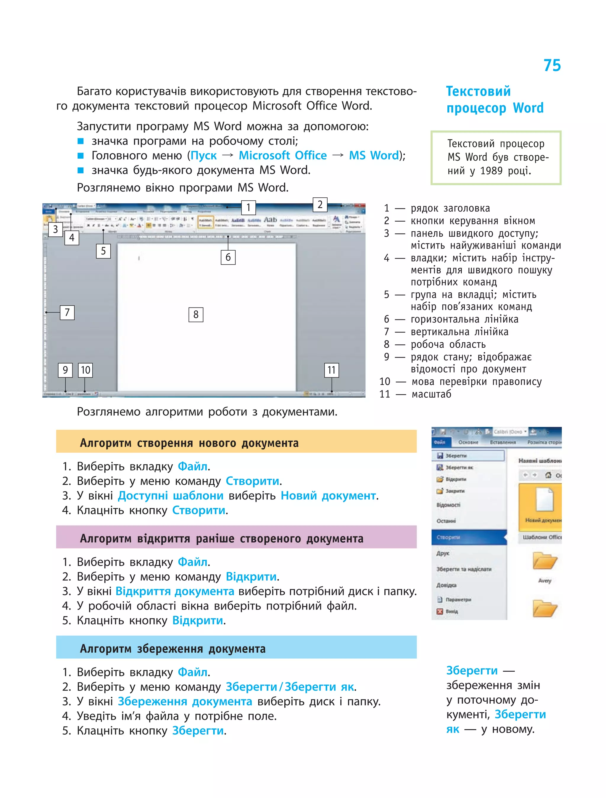 75
Багато користувачів використовують для створення текстово-
го документа текстовий процесор Microsoft Office Word.
Запустити програму MS Word можна за допомогою:
„„ значка програми на робочому столі;
„„ Головного меню (Пуск º Microsoft Office º MS Word);
„„ значка будь-якого документа MS Word.
Розглянемо вікно програми MS Word.
Розглянемо алгоритми роботи з документами.
Алгоритм створення нового документа
1.	Виберіть вкладку Файл.
2.	Виберіть у меню команду Cтворити.
3.	У вікні Доступні шаблони виберіть Новий документ.
4.	Клацніть кнопку Створити.
Алгоритм відкриття раніше створеного документа
1.	Виберіть вкладку Файл.
2.	Виберіть у меню команду Відкрити.
3.	 У вікні Відкриття документа виберіть потрібний диск і папку.
4.	У робочій області вікна виберіть потрібний файл.
5.	Клацніть кнопку Відкрити.
Алгоритм збереження документа
1.	Виберіть вкладку Файл.
2.	Виберіть у меню команду Зберегти / Зберегти як.
3.	У вікні Збереження документа виберіть диск і  папку.
4.	Уведіть ім’я файла у потрібне поле.
5.	Клацніть кнопку Зберегти.
Текстовий
процесор Word
1 — рядок заголовка
2 — кнопки керування вікном
3 — панель швидкого доступу;
містить найуживаніші команди
4 — владки; містить набір інстру-
ментів для швидкого пошуку
потрібних команд
5 — група на вкладці; містить
набір пов’язаних команд
6 — горизонтальна лінійка
7 — вертикальна лінійка
8 — робоча область
9 — рядок стану; відображає
відомості про документ
10 — мова перевірки правопису
11 — масштаб
1 2
3
4
5
6
7 8
9 10 11
Зберегти —
збереження змін
у  поточному до-
кументі, Зберегти
як — у новому.
Текстовий процесор
MS Word був створе-
ний у 1989 році.
 