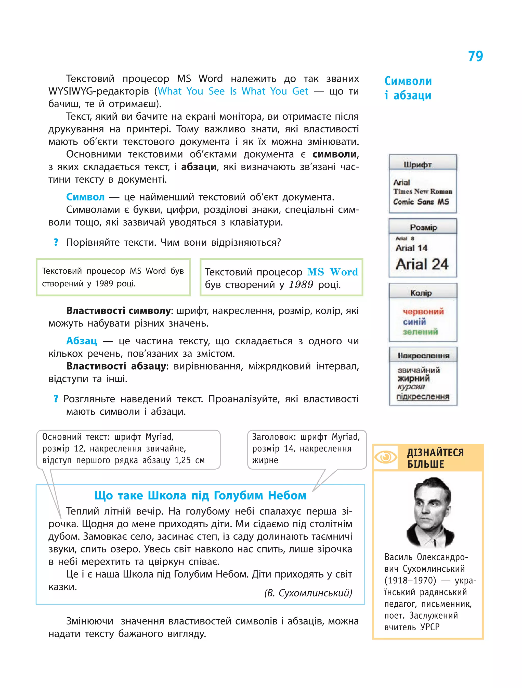 79
Текстовий процесор MS Word належить до так званих
WYSIWYG-редакторів (What You See Is What You Get — що ти
бачиш, те й отримаєш).
Текст, який ви бачите на екрані монітора, ви отримаєте після
друкування на принтері. Тому важливо знати, які властивості
мають об’єкти текстового документа і  як їх можна змінювати.
Основними текстовими об’єктами документа є символи,
з  яких складається текст, і абзаци, які визначають зв’язані час-
тини тексту в документі.
Символ — це найменший текстовий об’єкт документа.
Символами є букви, цифри, розділові знаки, спеціальні сим-
воли тощо, які зазвичай уводяться з клавіатури.
?	 Порівняйте тексти. Чим вони відрізняються?
Текстовий процесор MS Word був
створений у 1989 році.
Текстовий процесор MS Word
був створений у 1989 році.
Властивості символу: шрифт, накреслення, розмір, колір, які
можуть набувати різних значень.
Абзац — це частина тексту, що складається з одного чи
кількох речень, пов’язаних за змістом.
Властивості абзацу: вирівнювання, міжрядковий інтервал,
відступи та інші.
? Розгляньте наведений текст. Проаналізуйте, які властивості
мають символи і абзаци.
Основний текст: шрифт Myriad,
розмір 12, накреслення звичайне,
відступ першого рядка абзацу 1,25 см
Що таке Школа під Голубим Небом
Теплий літній вечір. На голубому небі спалахує перша зі-
рочка. Щодня до мене приходять діти. Ми сідаємо під столітнім
дубом. Замовкає село, засинає степ, із саду долинають таємничі
звуки, спить озеро. Увесь світ навколо нас спить, лише зірочка
в небі мерехтить та цвіркун співає.
Це і є наша Школа під Голубим Небом. Діти приходять у світ
казки.
(В. Сухомлинський)
Заголовок: шрифт Myriad,
розмір 14, накреслення
жирне
Змінюючи значення властивостей символів і абзаців, можна
надати тексту бажаного вигляду.
Символи
і абзаци
ДІЗНАЙТЕСЯ
БІЛЬШЕ
Василь Олександро-
вич Сухомлинський
(1918–1970) — укра-
їнський радянський
педагог, письменник,
поет. Заслужений
вчитель УРСР
 