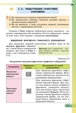 113
ГРАФІЧНИЙ РЕДАКТОР PAINT
3.4. РЕДАГУВАННЯ ГРАФIЧНИХ
ЗОБРАЖЕНЬ
1.	Як виконується операція переміщення вікна?
2.	Як виконується операція змінення розмірів аркуша з
викори­станням маркерів?
3.	Як ви вважаєте, у чому полягають операції копіювання
об’єк­та і переміщення об’єкта?
Створене в Paint графічне зображення можна змінювати – ви-
даляти, переміщувати або копіювати об’єкти зображення, додава-
ти нові тощо. Такі операції є операціями редагування.
ВИДІЛЕННЯ ФРАГМЕНТА ГРАФІЧНОГО ЗОБРАЖЕННЯ
Для виконання операцій редагування потрібно перш за все
­виділити фрагмент зображен-
ня, з яким будуть проводитися
операції. Для цього в Paint іс-
нують такі інструменти (табл.
3.7):
Таблиця 3.7
Інструменти виділення фрагмента графічного зображення
Інструмент
Зображення
кнопки
Призначення та спосіб
використання
Виділення
прямокутної
області
Для виділення фрагмента зобра-
ження прямокутної форми. Виді-
лення здійснюється аналогічно до
малювання прямокутника
Виділення
довільної
області
Для виділення фрагмента зобра-
ження довільної форми. Для цьо-
го слід обвести контур потрібного
фрагмента, утримуючи натисну-
тою ліву кнопку миші, аналогічно
до малювання Олівцем. Після ви-
ділення контур фрагмента набуде
прямокутної форми, але всі опе-
рації будуть проводитися лише з
виділеною областю
Фрагмент (лат. fragmentum – ула-
мок, шматок, осколок) – будь-яка
частина об’єкта.
 
