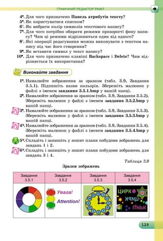 129
ГРАФІЧНИЙ РЕДАКТОР PAINT
4 .	Для чого призначено Панель атрибутів тексту?
5 .	Як користуватися списком?
6 .	Як вибрати колір символів текстового напису?
7 .	Для чого потрібно обирати режими прозорості фону напи-
су? Чим ці режими відрізняються один від одного?
8 .	Які операції редагування можна виконувати з текстом на-
пису під час його створення?
9 .	Як вставити символ у текст напису?
10 .	Для чого призначено клавіші Backspace і Delete? Чим від-
різняється їх використання?
Виконайте завдання
1 .	Намалюйте зображення за зразком (табл. 3.9, Завдання
3.5.1). Підпишіть назви кольорів. Збережіть малюнок у
файлі з іме­нем завдання 3.5.1.bmp у вашій папці.
2 .	Намалюйте зображення за зразком (табл. 3.9, Завдання 3.5.2).
Збережіть малюнок у файлі з іменем завдання 3.5.2.bmp у
вашій папці.
3 .	Намалюйте зображення за зразком (табл. 3.9, Завдання 3.5.3).
Збережіть малюнок у файлі з іменем завдання 3.5.3.bmp у
вашій папці.
4*.	Намалюйте зображення за зразком (табл. 3.9, Завдання 3.5.4).
Збережіть малюнок у файлі з іменем завдання 3.5.4.bmp у
вашій папці.
5*.	Складіть і запишіть у зошит плани побудови зображень для
завдань 1 і 2.
6*.	Складіть і запишіть у зошит плани побудови зображень для
завдань 3 і 4.
Таблиця 3.9
Зразки зображень
Завдання
3.5.1
Завдання
3.5.2
Завдання
3.5.3
Завдання
3.5.4
 