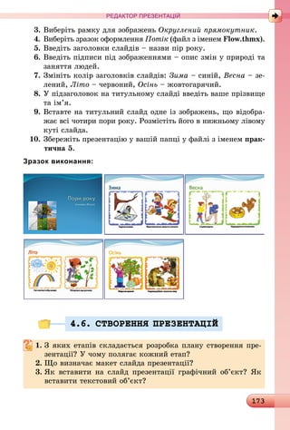 173
РЕДАКТОР ПРЕЗЕНТАЦІЙ
3. 	Виберіть рамку для зображень Округлений прямокутник.
4.	Виберіть зразок оформлення Потік (файл з іменем Flow.thmx).
5.	Введіть заголовки слайдів – назви пір року.
6.	Введіть підписи під зображеннями – опис змін у природі та
заняття людей.
7.	Змініть колір заголовків слайдів: Зима – синій, Весна – зе-
лений, Літо – червоний, Осінь – жовтогарячий.
8.	У підзаголовок на титульному слайді введіть ваше прізвище
та ім’я.
9.	Вставте на титульний слайд одне із зображень, що відобра-
жає всі чотири пори року. Розмістіть його в нижньому лівому
куті слайда.
10.	Збережіть презентацію у вашій папці у файлі з іменем прак-
тична 5.
Зразок виконання:
4.6. СТВОРЕННЯ ПРЕЗЕНТАЦIЙ
1.	З яких етапів складається розробка плану створення пре-
зентації? У чому полягає кожний етап?
2.	Що визначає макет слайда презентації?
3.	Як вставити на слайд презентації графічний об’єкт? Як
вставити текстовий об’єкт?
 