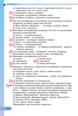 54
Роздiл 2
в) підручники для 5-го класу, підручники для 6-го класу,
підручники для 7-го класу тощо;
г) оповідання, повісті, романи;
д) портрети, натюрморти, пейзажі тощо;
е) ноутбуки, нетбуки, планшети, комунікатори.
4 .	Під час класифікації за значенням якої властивості можуть
потрапити до однієї групи такі об’єкти:
а) Київ, Москва, Варшава;	 в) огірок, ялинка, трава?
б) літак, птах, метелик;
5 .	Виконайте класифікацію вказаних об’єктів за значеннями
вказаних властивостей:
а) взуття – за призначенням;
б) музичні твори – за жанрами;
в) магазини – за видами наявних товарів;
г) музеї – за характером колекції;
д) літаки – за призначенням;
е*) легкові автомобілі  – за фірмою-виробником, маркою,
об’ємом двигуна;
є*) літературні твори – за формою, змістом, авторами.
	 Намалюйте схеми для кожної із цих класифікацій.
6*.	Виконайте класифікацію об’єктів:
а) олівці;			 г) місяці року;
б) годинники;		 д) іменники;
в) учні школи;		е) твори мистецтва.
7*.	Поясніть, чи можуть у результаті класифікації утворитися
такі групи об’єктів:
а) спортивне взуття, літнє взуття, зимове взуття;
б) чоловіки, жінки, діти;
в) люди, які відвідують кінотеатри, і люди, які відвідують
театри;
д) речення розповідні та спонукальні;
е) іменники чоловічого роду, жіночого роду, середнього роду.
8*.	У кожному з наведених прикладів указано чотири об’єкти. Три
з них увійшли до однієї групи в деякій класифікації, а один
об’єкт – зайвий. Укажіть, за якою властивістю виконувалася
класифікація в кожному прикладі та який об’єкт зайвий:
а) Дніпро, Південний Буг, Амазонка, Ворскла;
б) Хмельницький, Дніпропетровськ, Харків, Кривий Ріг;
в) Україна, Росія, Болгарія, США;
г) стіл, диван, вікно, шафа.
Придумайте самі аналогічні приклади.
 