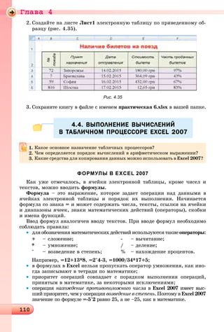 Ãëàâà 4
1101101101101101101101101101101101101101101101101101101101101101101101101101101101101101101101101101101101101101101101101101101101101101101101101101101101101101101101101101101101101101101101101101101101101101101101101101101100
2. Ñîçäàéòå íà ëèñòå Ëèñò1 ýëåêòðîííóþ òàáëèöó ïî ïðèâåäåííîìó îá-
ðàçöó (ðèñ. 4.35).
Рис. 4.35
3. Ñîõðàíèòå êíèãó â ôàéëå ñ èìåíåì ïðàêòè÷åñêàÿ 6.xlsx â âàøåé ïàïêå.
4.4. ВЫПОЛНЕНИЕ ВЫЧИСЛЕНИЙ4.4. ВЫПОЛНЕНИЕ ВЫЧИСЛЕНИЙ
В ТАБЛИЧНОМ ПРОЦЕССОРЕ EXCEL 2007В ТАБЛИЧНОМ ПРОЦЕССОРЕ EXCEL 2007
ФОРМУЛЫ В EXCEL 2007
Êàê óæå îòìå÷àëîñü, â ÿ÷åéêè ýëåêòðîííîé òàáëèöû, êðîìå ÷èñåë è
òåêñòîâ, ìîæíî ââîäèòü ôîðìóëû.
Ôîðìóëà – ýòî âûðàæåíèå, êîòîðîå çàäàåò îïåðàöèè íàä äàííûìè â
ÿ÷åéêàõ ýëåêòðîííîé òàáëèöû è ïîðÿäîê èõ âûïîëíåíèÿ. Íà÷èíàåòñÿ
ôîðìóëà ñî çíàêà = è ìîæåò ñîäåðæàòü ÷èñëà, òåêñòû, ññûëêè íà ÿ÷åéêè
è äèàïàçîíû ÿ÷ååê, çíàêè ìàòåìàòè÷åñêèõ äåéñòâèé (îïåðàòîðû), ñêîáêè
è èìåíà ôóíêöèé.
Ââîä ôîðìóë àíàëîãè÷åí ââîäó òåêñòîâ. Ïðè ââîäå ôîðìóë íåîáõîäèìî
ñîáëþäàòü ïðàâèëà:
• äëÿ îáîçíà÷åíèÿ ìàòåìàòè÷åñêèõ äåéñòâèé èñïîëüçóþòñÿ òàêèå îïåðàòîðû:
+ – ñëîæåíèå; - – âû÷èòàíèå;
* – óìíîæåíèå; / – äåëåíèå;
^ – âîçâåäåíèå â ñòåïåíü; % – íàõîæäåíèå ïðîöåíòîâ.
Íàïðèìåð, =12+13*8, =2^4-3, =1000/34*17+5;
• â ôîðìóëàõ â Excel íåëüçÿ ïðîïóñêàòü îïåðàòîð óìíîæåíèÿ, êàê èíî-
ãäà çàïèñûâàþò â òåòðàäè ïî ìàòåìàòèêå;
• ïðèîðèòåò îïåðàöèé ñîâïàäàåò ñ ïîðÿäêîì âûïîëíåíèÿ îïåðàöèé,
ïðèíÿòûì â ìàòåìàòèêå, çà íåêîòîðûìè èñêëþ÷åíèÿìè;
• îïåðàöèÿ íàõîæäåíèå ïðîòèâîïîëîæíîãî ÷èñëà â Excel 2007 èìååò âûñ-
øèé ïðèîðèòåò, ÷åì ó îïåðàöèè âîçâåäåíèå â ñòåïåíüè . Ïîýòîìó â Excel 2007
çíà÷åíèå ïî ôîðìóëå =-5^2 ðàâíî 25, à íå –25, êàê â ìàòåìàòèêå.
Êàêîå îñíîâíîå íàçíà÷åíèå òàáëè÷íûõ ïðîöåññîðîâ?
×åì îïðåäåëÿåòñÿ ïîðÿäîê âû÷èñëåíèé â àðèôìåòè÷åñêîì âûðàæåíèè?
Êàêèå ñðåäñòâà äëÿ êîïèðîâàíèÿ äàííûõ ìîæíî èñïîëüçîâàòü â Excel 2007?
 