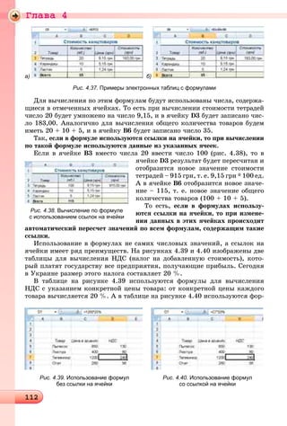 Ãëàâà 4
112112112112112112112112112112112112112112112112112112112112112112112112112112112112112112112112112112112112112112112112112112112112112112112112112112112112112112112112112112112112112112112112112112112112112112112112112112112
а) б)
Рис. 4.37. Примеры электронных таблиц с формулами
Äëÿ âû÷èñëåíèÿ ïî ýòèì ôîðìóëàì áóäóò èñïîëüçîâàíû ÷èñëà, ñîäåðæà-
ùèåñÿ â îòìå÷åííûõ ÿ÷åéêàõ. Òî åñòü ïðè âû÷èñëåíèè ñòîèìîñòè òåòðàäåé
÷èñëî 20 áóäåò óìíîæåíî íà ÷èñëî 9,15, è â ÿ÷åéêó D3 áóäåò çàïèñàíî ÷èñ-
ëî 183,00. Àíàëîãè÷íî äëÿ âû÷èñëåíèÿ îáùåãî êîëè÷åñòâà òîâàðîâ áóäåì
èìåòü 20 + 10 + 5, è â ÿ÷åéêó Â6 áóäåò çàïèñàíî ÷èñëî 35.
Òàê, åñëè â ôîðìóëå èñïîëüçóþòñÿ ññûëêè íà ÿ÷åéêè, òî ïðè âû÷èñëåíèè
ïî òàêîé ôîðìóëå èñïîëüçóþòñÿ äàííûå èç óêàçàííûõ ÿ÷ååê.
Åñëè â ÿ÷åéêå Â3 âìåñòî ÷èñëà 20 ââåñòè ÷èñëî 100 (ðèñ. 4.38), òî â
ÿ÷åéêå D3 ðåçóëüòàò áóäåò ïåðåñ÷èòàí è
îòîáðàçèòñÿ íîâîå çíà÷åíèå ñòîèìîñòè
òåòðàäåé – 915 ãðí, ò. å. 9,15 ãðí * 100 åä.
À â ÿ÷åéêå Â6 îòîáðàçèòñÿ íîâîå çíà÷å-
íèå – 115, ò. å. íîâîå çíà÷åíèå îáùåãî
êîëè÷åñòâà òîâàðîâ (100 + 10 + 5).
Òî åñòü, åñëè â ôîðìóëàõ èñïîëüçó-
þòñÿ ññûëêè íà ÿ÷åéêè, òî ïðè èçìåíå-
íèè äàííûõ â ýòèõ ÿ÷åéêàõ ïðîèñõîäèò
àâòîìàòè÷åñêèé ïåðåñ÷åò çíà÷åíèé ïî âñåì ôîðìóëàì, ñîäåðæàùèì òàêèå
ññûëêè.
Èñïîëüçîâàíèå â ôîðìóëàõ íå ñàìèõ ÷èñëîâûõ çíà÷åíèé, à ññûëîê íà
ÿ÷åéêè èìååò ðÿä ïðåèìóùåñòâ. Íà ðèñóíêàõ 4.39 è 4.40 èçîáðàæåíû äâå
òàáëèöû äëÿ âû÷èñëåíèÿ ÍÄÑ (íàëîã íà äîáàâëåííóþ ñòîèìîñòü), êîòî-
ðûé ïëàòÿò ãîñóäàðñòâó âñå ïðåäïðèÿòèÿ, ïîëó÷àþùèå ïðèáûëü. Ñåãîäíÿ
â Óêðàèíå ðàçìåð ýòîãî íàëîãà ñîñòàâëÿåò 20 %.
Â òàáëèöå íà ðèñóíêå 4.39 èñïîëüçóþòñÿ ôîðìóëû äëÿ âû÷èñëåíèÿ
ÍÄÑ ñ óêàçàíèåì êîíêðåòíîé öåíû òîâàðà: îò êîíêðåòíîé öåíû êàæäîãî
òîâàðà âû÷èñëÿåòñÿ 20 %. À â òàáëèöå íà ðèñóíêå 4.40 èñïîëüçóþòñÿ ôîð-
Рис. 4.38. Вычисление по формуле
с использованием ссылок на ячейки
Рис. 4.39. Использование формул
без ссылки на ячейки
Рис. 4.40. Использование формул
со ссылкой на ячейки
 