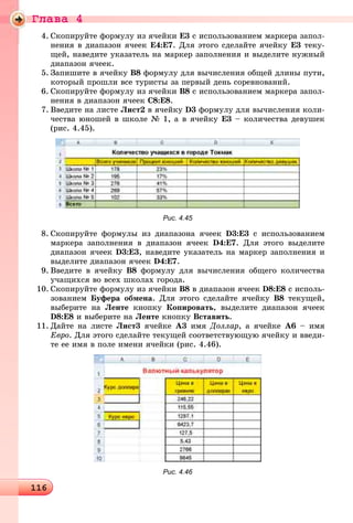 Ãëàâà 4
1161161161161161161161161161161161161161161161161161161161161161161161161161161161161161161161161161161161161161161161161161161161161161161161161161161161161161161161161161161161161161161161161161161161161161161161161161161166
4. Ñêîïèðóéòå ôîðìóëó èç ÿ÷åéêè Å3 ñ èñïîëüçîâàíèåì ìàðêåðà çàïîë-
íåíèÿ â äèàïàçîí ÿ÷ååê Å4:Å7. Äëÿ ýòîãî ñäåëàéòå ÿ÷åéêó Å3 òåêó-
ùåé, íàâåäèòå óêàçàòåëü íà ìàðêåð çàïîëíåíèÿ è âûäåëèòå íóæíûé
äèàïàçîí ÿ÷ååê.
5. Çàïèøèòå â ÿ÷åéêó Â8 ôîðìóëó äëÿ âû÷èñëåíèÿ îáùåé äëèíû ïóòè,
êîòîðûé ïðîøëè âñå òóðèñòû çà ïåðâûé äåíü ñîðåâíîâàíèé.
6. Ñêîïèðóéòå ôîðìóëó èç ÿ÷åéêè Â8 ñ èñïîëüçîâàíèåì ìàðêåðà çàïîë-
íåíèÿ â äèàïàçîí ÿ÷ååê Ñ8:Å8.
7. Ââåäèòå íà ëèñòå Ëèñò2 â ÿ÷åéêó D3 ôîðìóëó äëÿ âû÷èñëåíèÿ êîëè-
÷åñòâà þíîøåé â øêîëå № 1, à â ÿ÷åéêó Å3 – êîëè÷åñòâà äåâóøåê
(ðèñ. 4.45).
Рис. 4.45
8. Ñêîïèðóéòå ôîðìóëû èç äèàïàçîíà ÿ÷ååê D3:Å3 ñ èñïîëüçîâàíèåì
ìàðêåðà çàïîëíåíèÿ â äèàïàçîí ÿ÷ååê D4:Å7. Äëÿ ýòîãî âûäåëèòå
äèàïàçîí ÿ÷ååê D3:Å3, íàâåäèòå óêàçàòåëü íà ìàðêåð çàïîëíåíèÿ è
âûäåëèòå äèàïàçîí ÿ÷ååê D4:Å7.
9. Ââåäèòå â ÿ÷åéêó Â8 ôîðìóëó äëÿ âû÷èñëåíèÿ îáùåãî êîëè÷åñòâà
ó÷àùèõñÿ âî âñåõ øêîëàõ ãîðîäà.
10. Ñêîïèðóéòå ôîðìóëó èç ÿ÷åéêè Â8 â äèàïàçîí ÿ÷ååê D8:Å8 ñ èñïîëü-
çîâàíèåì Áóôåðà îáìåíà. Äëÿ ýòîãî ñäåëàéòå ÿ÷åéêó Â8 òåêóùåé,
âûáåðèòå íà Ëåíòå êíîïêó Êîïèðîâàòü, âûäåëèòå äèàïàçîí ÿ÷ååê
D8:Å8 è âûáåðèòå íà Ëåíòå êíîïêó Âñòàâèòü.
11. Äàéòå íà ëèñòå Ëèñò3 ÿ÷åéêå À3 èìÿ Äîëëàð, à ÿ÷åéêå À6 – èìÿ
Åâðî. Äëÿ ýòîãî ñäåëàéòå òåêóùåé ñîîòâåòñòâóþùóþ ÿ÷åéêó è ââåäè-
òå åå èìÿ â ïîëå èìåíè ÿ÷åéêè (ðèñ. 4.46).
Рис. 4.46
 