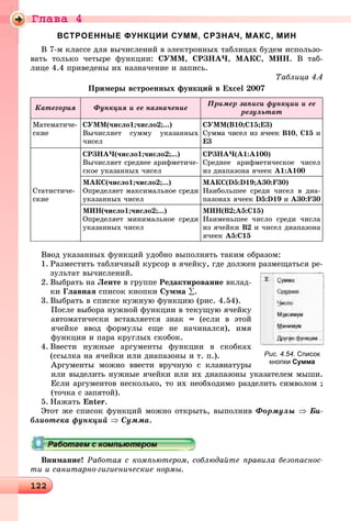 Ãëàâà 4
122122122122122122122122122122122122122122122122122122122122122122122122122122122122122122122122122122122122122122122122122122122122122122122122122122122122122122122122122122122122122122122122122122122122122122122122122122122
ВСТРОЕННЫЕ ФУНКЦИИ СУММ, СРЗНАЧ, МАКС, МИН
Â 7-ì êëàññå äëÿ âû÷èñëåíèé â ýëåêòðîííûõ òàáëèöàõ áóäåì èñïîëüçî-
âàòü òîëüêî ÷åòûðå ôóíêöèè: ÑÓÌÌ, ÑÐÇÍÀ×, ÌÀÊÑ, ÌÈÍ. Â òàá-
ëèöå 4.4 ïðèâåäåíû èõ íàçíà÷åíèå è çàïèñü.
Òàáëèöà 4.4
Ïðèìåðû âñòðîåííûõ ôóíêöèé â Excel 2007
Êàòåãîðèÿ Ôóíêöèÿ è åå íàçíà÷åíèå
Ïðèìåð çàïèñè ôóíêöèè è åå
ðåçóëüòàò
Ìàòåìàòè÷å-
ñêèå
ÑÓÌÌ(÷èñëî1;÷èñëî2;...)
Âû÷èñëÿåò ñóììó óêàçàííûõ
÷èñåë
ÑÓÌÌ(Â10;Ñ15;Å3)
Ñóììà ÷èñåë èç ÿ÷ååê Â10, Ñ15 è
Å3
Ñòàòèñòè÷å-
ñêèå
ÑÐÇÍÀ×(÷èñëî1;÷èñëî2;...)
Âû÷èñëÿåò ñðåäíåå àðèôìåòè÷å-
ñêîå óêàçàííûõ ÷èñåë
ÑÐÇÍÀ×(A1:A100)
Ñðåäíåå àðèôìåòè÷åñêîå ÷èñåë
èç äèàïàçîíà ÿ÷ååê À1:À100
ÌÀÊÑ(÷èñëî1;÷èñëî2;...)
Îïðåäåëÿåò ìàêñèìàëüíîå ñðåäè
óêàçàííûõ ÷èñåë
ÌÀÊÑ(D5:D19;A30:F30)
Íàèáîëüøåå ñðåäè ÷èñåë â äèà-
ïàçîíàõ ÿ÷ååê D5:D19 è A30:F30
ÌÈÍ(÷èñëî1;÷èñëî2;...)
Îïðåäåëÿåò ìèíèìàëüíîå ñðåäè
óêàçàííûõ ÷èñåë
ÌÈÍ(B2;À5:Ñ15)
Íàèìåíüøåå ÷èñëî ñðåäè ÷èñëà
èç ÿ÷åéêè Â2 è ÷èñåë äèàïàçîíà
ÿ÷ååê À5:Ñ15
Ââîä óêàçàííûõ ôóíêöèé óäîáíî âûïîëíÿòü òàêèì îáðàçîì:
1. Ðàçìåñòèòü òàáëè÷íûé êóðñîð â ÿ÷åéêó, ãäå äîëæåí ðàçìåùàòüñÿ ðå-
çóëüòàò âû÷èñëåíèé.
2. Âûáðàòü íà Ëåíòå â ãðóïïå Ðåäàêòèðîâàíèå âêëàä-
êè Ãëàâíàÿ ñïèñîê êíîïêè Ñóììà ∑.
3. Âûáðàòü â ñïèñêå íóæíóþ ôóíêöèþ (ðèñ. 4.54).
Ïîñëå âûáîðà íóæíîé ôóíêöèè â òåêóùóþ ÿ÷åéêó
àâòîìàòè÷åñêè âñòàâëÿåòñÿ çíàê = (åñëè â ýòîé
ÿ÷åéêå ââîä ôîðìóëû åùå íå íà÷èíàëñÿ), èìÿ
ôóíêöèè è ïàðà êðóãëûõ ñêîáîê.
4. Ââåñòè íóæíûå àðãóìåíòû ôóíêöèè â ñêîáêàõ
(ññûëêà íà ÿ÷åéêè èëè äèàïàçîíû è ò. ï.).
Àðãóìåíòû ìîæíî ââåñòè âðó÷íóþ ñ êëàâèàòóðû
èëè âûäåëèòü íóæíûå ÿ÷åéêè èëè èõ äèàïàçîíû óêàçàòåëåì ìûøè.
Åñëè àðãóìåíòîâ íåñêîëüêî, òî èõ íåîáõîäèìî ðàçäåëèòü ñèìâîëîì ;
(òî÷êà ñ çàïÿòîé).
5. Íàæàòü Enter.
Ýòîò æå ñïèñîê ôóíêöèé ìîæíî îòêðûòü, âûïîëíèâ Ôîðìóëû ⇒ Áè-
áëèîòåêà ôóíêöèé ⇒ Ñóììà.
Âíèìàíèå! Ðàáîòàÿ ñ êîìïüþòåðîì, ñîáëþäàéòå ïðàâèëà áåçîïàñíîñ-
òè è ñàíèòàðíî-ãèãèåíè÷åñêèå íîðìû.
Рис. 4.54. Список
кнопки Сумма
 