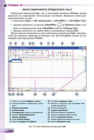 Ãëàâà 4
144144144144144144144144144144144144144144144144144144144144144144144144144144144144144144144144144144144144144144144144144144144144144144144144144144144144144
ОКНО ТАБЛИЧНОГО ПРОЦЕССОРА CALC
Òàáëè÷íûé ïðîöåññîð Calc, êàê è òåêñòîâûé ïðîöåññîð Writer, ìîæíî
çàïóñòèòü íà âûïîëíåíèå íåñêîëüêèìè ñïîñîáàìè. Ïðèâåäåì ñàìûå ðàñ-
ïðîñòðàíåííûå èç íèõ:
• âûïîëíèòü Ïóñê ⇒ Âñå ïðîãðàììû ⇒ LibreOffice ⇒ LibreOffice Calc;
• äâàæäû ùåëêíóòü íà ÿðëûêå LibreOffice íà Ðàáî÷åì ñòîëå è âû-
áðàòü â îòêðûâøåìñÿ îêíå LibreOffice êíîïêó Òàáëèöà Calc;
• äâàæäû ùåëêíóòü íà ëþáîì ôàéëå ýëåêòðîííûõ òàáëèö Calc.
Ïîñëå çàïóñêà îòêðûâàåòñÿ îêíî òàáëè÷íîãî ïðîöåññîðà Calc, ñòàíäàðò-
íûé âèä êîòîðîãî ïðèâåäåí íà ðèñóíêå 4.3. Åãî èíòåðôåéñ ïîõîæ íà èí-
òåðôåéñ îêíà ïðîãðàììû Writer.
1 2 3 4 5 6 7 8 9
11131415161718
10
12
1.
2.
3.
4.
5.
6.
7.
8.
9.
Поле со списком Область листа
Текущая ячейка с табличным курсо-
ром
Строка заголовка
Строка меню
Стандартная панель инструментов
Панель Форматирование
Панель формул
Поле Строка ввода
Строка номеров столбцов
10.
11.
12.
13.
14.
15.
16.
17.
18.
Столбец номеров строк
Кнопки и ползунок для установки мас-
штаба просмотра
Полосы прокрутки
Строка состояния
Рабочая область документа
Кнопка создания нового листа
Строка ярлыков листов
Кнопки прокрутки ярлыков листов
Кнопка Выделить все
Рис. 4.3. Окно табличного процессора Calc
 