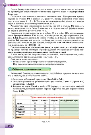 Ãëàâà 4
1 2172172172172172172172172172172172172172172172172172172172172172172172172172172172172172172172172172172172172172172172172172172172172172172172172172172172172
Åñëè â ôîðìóëå ñîäåðæàòñÿ àäðåñà ÿ÷ååê, òî ïðè êîïèðîâàíèè â ôîðìó-
ëå ïðîèñõîäèò àâòîìàòè÷åñêîå èçìåíåíèå àäðåñîâ ÿ÷ååê – ìîäèôèêàöèÿ
ôîðìóëû.
Îáúÿñíèì, êàê èìåííî ïðîèçîøëà ìîäèôèêàöèÿ. Êîïèðîâàíèå ïðîèñ-
õîäèëî èç ÿ÷åéêè D3 â ÿ÷åéêó D4, ðàçíîñòü ìåæäó íîìåðàìè ñòðîê ýòèõ
äâóõ ÿ÷ååê ðàâíà 4 – 3 = 1. Ïîýòîìó â ñêîïèðîâàííîé ôîðìóëå âñå íîìåðà
ñòðîê â ññûëêàõ íà ÿ÷åéêè óâåëè÷èëèñü íà 1.
Àíàëîãè÷íî ïðè êîïèðîâàíèè ôîðìóëû èç D3 â ÿ÷åéêó D5 ðàçíîñòü
ìåæäó íîìåðàìè ñòðîê áûëà 2, ïîýòîìó è â ñêîïèðîâàííîé ôîðìóëå íîìå-
ðà ñòðîê â ññûëêàõ óâåëè÷èëèñü íà 2.
Ñêîïèðóåì òåïåðü ôîðìóëó èç ÿ÷åéêè Â6 â ÿ÷åéêó D6, âîñïîëüçîâàâ-
øèñü Áóôåðîì îáìåíà. Êàê âèäèì, è ýòà ôîðìóëà ìîäèôèöèðîâàëàñü (ñì.
ðèñ. 4.40). Â àäðåñå ÿ÷åéêè D6 íîìåð ñòîëáöà íà 2 áîëüøå íîìåðà ñòîëáöà
ÿ÷åéêè Â6, ïîýòîìó âñå íîìåðà ñòîëáöîâ â ôîðìóëå, êîòîðàÿ êîïèðóåòñÿ,
óâåëè÷èëèñü èìåííî íà äâà íîìåðà, è ôîðìóëà ñ =Â3+Â4+Â5 àâòîìàòè÷å-
ñêè èçìåíèëàñü íà =D3+D4+D5.
Ñëåäîâàòåëüíî ïðè êîïèðîâàíèè ôîðìóë ïðîèñõîäèò èõ ìîäèôèêàöèÿ
ïî ïðàâèëó: íîìåðà ñòîëáöîâ (ñòðîê) â àäðåñàõ ÿ÷ååê èçìåíÿþòñÿ íà ðàç-
íîñòü íîìåðîâ êîíå÷íîãî è íà÷àëüíîãî ñòîëáöîâ (ñòðîê).
Â õîäå êîïèðîâàíèÿ ìîãóò âîçíèêíóòü îøèáêè, àíàëîãè÷íûå òåì, êîòî-
ðûå ñëó÷àþòñÿ ïðè ââîäå äàííûõ (ñì. òàáë. 4.3).
Îáðàùàåì âàøå âíèìàíèå:
• Èìåíà ÿ÷ååê ïðè êîïèðîâàíèè íå ìîäèôèöèðóþòñÿ.
• Ïðè ïåðåìåùåíèè ôîðìóëû íå ìîäèôèöèðóþòñÿ.
þäàéòå ïðàâèëà áåçîïàñíîñ-
òè è ñàíèòàðíî-ãèãèåíè÷åñêèå íîðìû.
1. Çàïóñòèòå òàáëè÷íûé ïðîöåññîð LibreOffice Calc.
2. Îòêðîéòå óêàçàííûé ó÷èòåëåì ôàéë (íàïðèìåð, Ãëàâà 4Ïóíêò 4.4
óïðàæíåíèå 4.4.ods).
3. Ââåäèòå íà ëèñòå Ëèñò1 â ÿ÷åéêó Å3 ôîðìóëó äëÿ âû÷èñëåíèÿ îáùåé
äëèíû ïóòè, êîòîðûé ïðîøåë ïåðâûé òóðèñò çà âñå äíè ñîðåâíîâàíèé
(ðèñ. 4.41).
Рис. 4.41
 