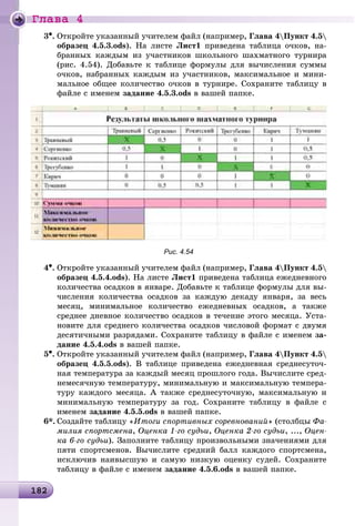 Ãëàâà 4
1821821821821821821821821821821821821821821821821821821821821821821821821821821821821821821821821821821821821821821821821821821821821821821821821821821821821828
3•. Îòêðîéòå óêàçàííûé ó÷èòåëåì ôàéë (íàïðèìåð, Ãëàâà 4Ïóíêò 4.5
îáðàçåö 4.5.3.ods). Íà ëèñòå Ëèñò1 ïðèâåäåíà òàáëèöà î÷êîâ, íà-
áðàííûõ êàæäûì èç ó÷àñòíèêîâ øêîëüíîãî øàõìàòíîãî òóðíèðà
(ðèñ. 4.54). Äîáàâüòå ê òàáëèöå ôîðìóëû äëÿ âû÷èñëåíèÿ ñóììû
î÷êîâ, íàáðàííûõ êàæäûì èç ó÷àñòíèêîâ, ìàêñèìàëüíîå è ìèíè-
ìàëüíîå îáùåå êîëè÷åñòâî î÷êîâ â òóðíèðå. Ñîõðàíèòå òàáëèöó â
ôàéëå ñ èìåíåì çàäàíèå 4.5.3.ods â âàøåé ïàïêå.
Рис. 4.54
4•. Îòêðîéòå óêàçàííûé ó÷èòåëåì ôàéë (íàïðèìåð, Ãëàâà 4Ïóíêò 4.5
îáðàçåö 4.5.4.ods). Íà ëèñòå Ëèñò1 ïðèâåäåíà òàáëèöà åæåäíåâíîãî
êîëè÷åñòâà îñàäêîâ â ÿíâàðå. Äîáàâüòå ê òàáëèöå ôîðìóëû äëÿ âû-
÷èñëåíèÿ êîëè÷åñòâà îñàäêîâ çà êàæäóþ äåêàäó ÿíâàðÿ, çà âåñü
ìåñÿö, ìèíèìàëüíîå êîëè÷åñòâî åæåäíåâíûõ îñàäêîâ, à òàêæå
ñðåäíåå äíåâíîå êîëè÷åñòâî îñàäêîâ â òå÷åíèå ýòîãî ìåñÿöà. Óñòà-
íîâèòå äëÿ ñðåäíåãî êîëè÷åñòâà îñàäêîâ ÷èñëîâîé ôîðìàò ñ äâóìÿ
äåñÿòè÷íûìè ðàçðÿäàìè. Ñîõðàíèòå òàáëèöó â ôàéëå ñ èìåíåì çà-
äàíèå 4.5.4.ods â âàøåé ïàïêå.
5•. Îòêðîéòå óêàçàííûé ó÷èòåëåì ôàéë (íàïðèìåð, Ãëàâà 4Ïóíêò 4.5
îáðàçåö 4.5.5.ods). Â òàáëèöå ïðèâåäåíà åæåäíåâíàÿ ñðåäíåñóòî÷-
íàÿ òåìïåðàòóðà çà êàæäûé ìåñÿö ïðîøëîãî ãîäà. Âû÷èñëèòå ñðåä-
íåìåñÿ÷íóþ òåìïåðàòóðó, ìèíèìàëüíóþ è ìàêñèìàëüíóþ òåìïåðà-
òóðó êàæäîãî ìåñÿöà. À òàêæå ñðåäíåñóòî÷íóþ, ìàêñèìàëüíóþ è
ìèíèìàëüíóþ òåìïåðàòóðó çà ãîä. Ñîõðàíèòå òàáëèöó â ôàéëå ñ
èìåíåì çàäàíèå 4.5.5.ods â âàøåé ïàïêå.
6*. Ñîçäàéòå òàáëèöó «Èòîãè ñïîðòèâíûõ ñîðåâíîâàíèé» (ñòîëáöû Ôà-
ìèëèÿ ñïîðòñìåíà, Îöåíêà 1-ãî ñóäüè, Îöåíêà 2-ãî ñóäüè, ..., Îöåí-
êà 6-ãî ñóäüè). Çàïîëíèòå òàáëèöó ïðîèçâîëüíûìè çíà÷åíèÿìè äëÿ
ïÿòè ñïîðòñìåíîâ. Âû÷èñëèòå ñðåäíèé áàëë êàæäîãî ñïîðòñìåíà,
èñêëþ÷èâ íàèâûñøóþ è ñàìóþ íèçêóþ îöåíêó ñóäåé. Ñîõðàíèòå
òàáëèöó â ôàéëå ñ èìåíåì çàäàíèå 4.5.6.ods â âàøåé ïàïêå.
 