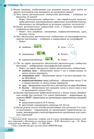Ãëàâà 5
20620620620620620620620620620620620620620620620620620620620620620620620620620620620620620620620620620620606
äðóãèõ èñòî÷íèêîâ èëè âñïîìíèòü èç èçó÷åííîãî ðàíåå?
à) ×òî òàêîå ðàñòèòåëüíîå ñîîáùåñòâî (èñòî÷íèê – ó÷åáíèêè ïî
áèîëîãèè, 6 êëàññ)?
 Îòâåò: Ðàñòèòåëüíîå ñîîáùåñòâî – ýòî îïðåäåëåííûé êîìïëåêñ
âèäîâ ðàñòåíèé, âçàèìîñâÿçàííûõ ïðîöåññàìè æèçíåäåÿòåëüíîñòè,
îáèòàþùèõ íà îäíîðîäíîì ïî óñëîâèÿì ó÷àñòêå ìåñòíîñòè1.
á) Êàêèå ðàñòèòåëüíûå ñîîáùåñòâà åñòü â Óêðàèíå (èñòî÷íèê –
ó÷åáíèêè ïî áèîëîãèè)?
 Îòâåò: ëåñà (õâîéíûå, ñìåøàííûå, øèðîêîëèñòâåííûå), ëóãà,
áîëîòà, ñòåïè.
â) Êàê îáîçíà÷àþò ðàñòèòåëüíûå ñîîáùåñòâà íà òîïîãðàôè÷åñêèõ
êàðòàõ (èñòî÷íèêè – ó÷åáíèêè è ñïðàâî÷íèêè ïî ãåîãðàôèè)?
 Îòâåò:
 õâîéíûå – ;  ëóãà – ;
 ñìåøàííûå – ;  áîëîòà – ;
 øèðîêîëèñòâåííûå – ;  ñòåïè – .
ã) Ãäå íà êàðòå ðàçìåùåíû îáîçíà÷åíèÿ ðàñòèòåëüíûõ ñîîáùåñòâ
(èñòî÷íèê – èçîáðàæåíèå òîïîãðàôè÷åñêîé êàðòû)?
 Îòâåò: íà êàðòå îáîçíà÷åíû òàêèå ðàñòèòåëüíûå ñîîáùåñòâà:
 õâîéíûå ëåñà – îáîçíà÷åíèå îêîëî 1 êì ê ñåâåðî-çàïàäó îò
ìåñòà íà÷àëà ìàðøðóòà;
 ñìåøàííûå ëåñà – îáîçíà÷åíèå îêîëî 1 êì þãî-çàïàäíåå îçå-
ðà Ïîêîéíîå;
 øèðîêîëèñòâåííûå ëåñà (äóáîâûå) – îáîçíà÷åíèå îêîëî 1 êì
ê ñåâåðî-âîñòîêó îò ìåñòà êîíöà ìàðøðóòà;
 ëóãà – îáîçíà÷åíèÿ îêîëî 0,5 êì ê þãî-âîñòîêó îò îçåðà Ïîêîéíîå;à
 áîëîòà – îáîçíà÷åíèÿ þãî-çàïàäíåå ëóãîâ è îêîëî îçåð ê þãó
îò íàñåëåííîãî ïóíêòà Ãóòà.
ä) Êàêîâà ìàêñèìàëüíàÿ ïðîäîëæèòåëüíîñòü è äëèíà ïåøåãî îäíîäíåâ-
íîãî ïîõîäà äëÿ ó÷åíèêîâ 7-ãî êëàññà (èñòî÷íèêè – íîðìàòèâíûå äî-
êóìåíòû ÌÎÍ2, ñïðàâî÷íèêè ïî îðãàíèçàöèè òóðèñòè÷åñêèõ ïîõîäîâ)?
 Îòâåò:
 ïðîäîëæèòåëüíîñòü 6–8 ÷àñîâ;
 ðàññòîÿíèå îäíîäíåâíîãî ïåðåõîäà 12–15 êì.
å) Êàêîé ðåæèì ïåøåãî ïîõîäà ðåêîìåíäîâàí äëÿ ó÷åíèêîâ 7-ãî êëàñ-
ñà (èñòî÷íèêè – ñïðàâî÷íèêè ïî îðãàíèçàöèè òóðèñòè÷åñêèõ ïî-
õîäîâ, ðåêîìåíäàöèè ó÷èòåëåé ôèçè÷åñêîãî âîñïèòàíèÿ èëè îïûò-
íûõ òóðèñòîâ)?
1 Êîñòèêîâ È.Þ. Áèîëîãèÿ: ó÷åáíèê äëÿ 6 êëàññà îáùåîáðàçîâàòåëüíûõ ó÷åá-
íûõ çàâåäåíèé ñ îáó÷åíèåì íà ðóññêîì ÿçûêå / È.Þ. Êîñòèêîâ è äð. – Ê.: Èçäà-
òåëüñêèé äîì «Îñâèòà», 2014. – Ñ. 203–204.
2 http://zakon0.rada.gov.ua/lows/show/z0320-99/page
 
