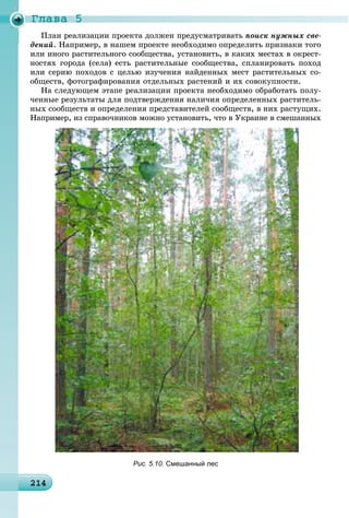 Ãëàâà 5
214214214214214214214214214214214214214214214214214214214214214214214214214214214214214214214214214214214
ïîèñê íóæíûõ ñâå-
äåíèé. Íàïðèìåð, â íàøåì ïðîåêòå íåîáõîäèìî îïðåäåëèòü ïðèçíàêè òîãî
èëè èíîãî ðàñòèòåëüíîãî ñîîáùåñòâà, óñòàíîâèòü, â êàêèõ ìåñòàõ â îêðåñò-
íîñòÿõ ãîðîäà (ñåëà) åñòü ðàñòèòåëüíûå ñîîáùåñòâà, ñïëàíèðîâàòü ïîõîä
èëè ñåðèþ ïîõîäîâ ñ öåëüþ èçó÷åíèÿ íàéäåííûõ ìåñò ðàñòèòåëüíûõ ñî-
îáùåñòâ, ôîòîãðàôèðîâàíèÿ îòäåëüíûõ ðàñòåíèé è èõ ñîâîêóïíîñòè.
Íà ñëåäóþùåì ýòàïå ðåàëèçàöèè ïðîåêòà íåîáõîäèìî îáðàáîòàòü ïîëó-
÷åííûå ðåçóëüòàòû äëÿ ïîäòâåðæäåíèÿ íàëè÷èÿ îïðåäåëåííûõ ðàñòèòåëü-
íûõ ñîîáùåñòâ è îïðåäåëåíèÿ ïðåäñòàâèòåëåé ñîîáùåñòâ, â íèõ ðàñòóùèõ.
Íàïðèìåð, èç ñïðàâî÷íèêîâ ìîæíî óñòàíîâèòü, ÷òî â Óêðàèíå â ñìåøàííûõ
Рис. 5.10. Смешанный лес
 