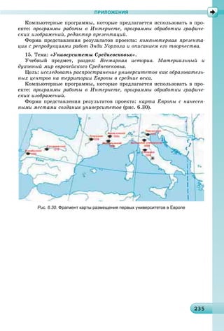 2323523523523523523523523523523523523523523523523523523523523523523523523523523523523523523523523523523535
ПРИЛОЖЕНИЯ
Êîìïüþòåðíûå ïðîãðàììû, êîòîðûå ïðåäëàãàåòñÿ èñïîëüçîâàòü â ïðî-
åêòå: ïðîãðàììû ðàáîòû â Èíòåðíåòå, ïðîãðàììû îáðàáîòêè ãðàôè÷å-
ñêèõ èçîáðàæåíèé, ðåäàêòîð ïðåçåíòàöèé.
Ôîðìà ïðåäñòàâëåíèÿ ðåçóëüòàòîâ ïðîåêòà: êîìïüþòåðíàÿ ïðåçåíòà-
öèÿ ñ ðåïðîäóêöèÿìè ðàáîò Ýíäè Óîðõîëà è îïèñàíèåì åãî òâîð÷åñòâà.
15. Òåìà: «Óíèâåðñèòåòû Ñðåäíåâåêîâüÿ».
Ó÷åáíûé ïðåäìåò, ðàçäåë: Âñåìèðíàÿ èñòîðèÿ. Ìàòåðèàëüíûé è
äóõîâíûé ìèð åâðîïåéñêîãî Ñðåäíåâåêîâüÿ.
Öåëü: èññëåäîâàòü ðàñïðîñòðàíåíèå óíèâåðñèòåòîâ êàê îáðàçîâàòåëü-
íûõ öåíòðîâ íà òåððèòîðèè Åâðîïû â ñðåäíèå âåêà.
Êîìïüþòåðíûå ïðîãðàììû, êîòîðûå ïðåäëàãàåòñÿ èñïîëüçîâàòü â ïðî-
åêòå: ïðîãðàììû ðàáîòû â Èíòåðíåòå, ïðîãðàììû îáðàáîòêè ãðàôè÷å-
ñêèõ èçîáðàæåíèé.
Ôîðìà ïðåäñòàâëåíèÿ ðåçóëüòàòîâ ïðîåêòà: êàðòà Åâðîïû ñ íàíåñåí-
íûìè ìåñòàìè ñîçäàíèÿ óíèâåðñèòåòîâ (ðèñ. 6.30).
Рис. 6.30. Фрагмент карты размещения первых университетов в Европе
 