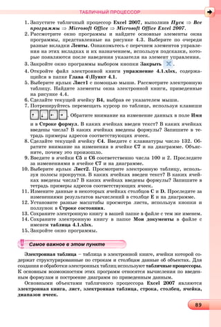 89898989898989898989898989898989898989898989898989898989898989898989898989898989898989898989898989898989898989898989898989898989898989898989898989898989
ТАБЛИЧНЫЙ ПРОЦЕССОР
1. Çàïóñòèòå òàáëè÷íûé ïðîöåññîð Excel 2007, âûïîëíèâ Ïóñê ⇒ Âñå
ïðîãðàììû ⇒ Microsoft Office ⇒ Microsoft Office Excel 2007.
2. Ðàññìîòðèòå îêíî ïðîãðàììû è íàéäèòå îñíîâíûå ýëåìåíòû îêíà
ïðîãðàììû, ïðåäñòàâëåííûå íà ðèñóíêå 4.3. Âûáåðèòå ïî î÷åðåäè
ðàçíûå âêëàäêè Ëåíòû. Îçíàêîìüòåñü ñ ïåðå÷íåì ýëåìåíòîâ óïðàâëå-
íèÿ íà ýòèõ âêëàäêàõ è èõ íàçíà÷åíèåì, èñïîëüçóÿ ïîäñêàçêè, êîòî-
ðûå ïîÿâëÿþòñÿ ïîñëå íàâåäåíèÿ óêàçàòåëÿ íà ýëåìåíò óïðàâëåíèÿ.
3. Çàêðîéòå îêíî ïðîãðàììû âûáîðîì êíîïêè Çàêðûòü
ó
.
4. Îòêðîéòå ôàéë ýëåêòðîííîé êíèãè óïðàæíåíèå 4.1.xlsx, ñîäåðæà-
ùèéñÿ â ïàïêå Ãëàâà 4Ïóíêò 4.1.
5. Âûáåðèòå ÿðëûê Ëèñò1 ñ ïîìîùüþ ìûøè. Ðàññìîòðèòå ýëåêòðîííóþ
òàáëèöó. Íàéäèòå ýëåìåíòû îêíà ýëåêòðîííîé êíèãè, ïðèâåäåííûå
íà ðèñóíêå 4.4.
6. Ñäåëàéòå òåêóùåé ÿ÷åéêó Â4, âûáðàâ åå óêàçàòåëåì ìûøè.
7. Ïîòðåíèðóéòåñü ïåðåìåùàòü êóðñîð ïî òàáëèöå, èñïîëüçóÿ êëàâèøè
. Îáðàòèòå âíèìàíèå íà èçìåíåíèå äàííûõ â ïîëå Èìÿ
è â Ñòðîêå ôîðìóë. Â êàêèõ ÿ÷åéêàõ ââåäåí òåêñò? Â êàêèõ ÿ÷åéêàõ
ââåäåíû ÷èñëà? Â êàêèõ ÿ÷åéêàõ ââåäåíû ôîðìóëû? Çàïèøèòå â òå-
òðàäü ïðèìåðû àäðåñîâ ñîîòâåòñòâóþùèõ ÿ÷ååê.
8. Ñäåëàéòå òåêóùåé ÿ÷åéêó Ñ4. Ââåäèòå ñ êëàâèàòóðû ÷èñëî 132. Îá-
ðàòèòå âíèìàíèå íà èçìåíåíèÿ â ÿ÷åéêå Ñ7 è íà äèàãðàììå. Îáúÿñ-
íèòå, ïî÷åìó ýòî ïðîèçîøëî.
9. Ââåäèòå â ÿ÷åéêè Ñ5 è Ñ6 ñîîòâåòñòâåííî ÷èñëà 100 è 2. Ïðîñëåäèòå
çà èçìåíåíèÿìè â ÿ÷åéêå Ñ7 è íà äèàãðàììå.
10. Âûáåðèòå ÿðëûê Ëèñò2. Ïðîñìîòðèòå ýëåêòðîííóþ òàáëèöó, èñïîëü-
çóÿ ïîëîñû ïðîêðóòêè. Â êàêèõ ÿ÷åéêàõ ââåäåí òåêñò? Â êàêèõ ÿ÷åé-
êàõ ââåäåíû ÷èñëà? Â êàêèõ ÿ÷åéêàõ ââåäåíû ôîðìóëû? Çàïèøèòå â
òåòðàäü ïðèìåðû àäðåñîâ ñîîòâåòñòâóþùèõ ÿ÷ååê.
11. Èçìåíèòå äàííûå â íåêîòîðûõ ÿ÷åéêàõ ñòîëáöîâ Ñ è D. Ïðîñëåäèòå çà
èçìåíåíèÿìè ðåçóëüòàòîâ âû÷èñëåíèé â ñòîëáöå Å è íà äèàãðàììå.
12. Óñòàíîâèòå ðàçíûå ìàñøòàáû ïðîñìîòðà ëèñòà, èñïîëüçóÿ êíîïêè è
ïîëçóíîê â Ñòðîêå ñîñòîÿíèÿ.
13. Ñîõðàíèòå ýëåêòðîííóþ êíèãó â âàøåé ïàïêå â ôàéëå ñ òåì æå èìåíåì.
14. Ñîõðàíèòå ýëåêòðîííóþ êíèãó â ïàïêå Ìîè äîêóìåíòû â ôàéëå ñ
èìåíåì òàáëèöà 4.1.xlsx.
15. Çàêðîéòå îêíî ïðîãðàììû.
Ýëåêòðîííàÿ òàáëèöà – òàáëèöà â ýëåêòðîííîé êíèãå, ÿ÷åéêè êîòîðîé ñî-à
äåðæàò ñòðóêòóðèðîâàííûå ïî ñòðîêàì è ñòîëáöàì äàííûå îá îáúåêòàõ. Äëÿ
ñîçäàíèÿ è îáðàáîòêè ýëåêòðîííûõ òàáëèö èñïîëüçóþò òàáëè÷íûå ïðîöåññîðû.
Ê îñíîâíûì âîçìîæíîñòÿì ýòèõ ïðîãðàìì îòíîñÿòñÿ âû÷èñëåíèÿ ïî ââåäåí-
íûì ôîðìóëàì è ïîñòðîåíèå äèàãðàìì ïî ïðèâåäåííûì äàííûì.
Îñíîâíûìè îáúåêòàìè òàáëè÷íîãî ïðîöåññîðà Excel 2007 ÿâëÿþòñÿ
ýëåêòðîííàÿ êíèãà, ëèñò, ýëåêòðîííàÿ òàáëèöà, ñòðîêà, ñòîëáåö, ÿ÷åéêà,
äèàïàçîí ÿ÷ååê.
уууууууууууууууа ое ва ое в э о у еамое важное в этом пунктеамое важное в этом пунктеамое важное в этом пунктеамое важное в этом пунктеамое важное в этом пунктеамое важное в этом пунктеамое важное в этом пунктеамое важное в этом пунктеамое важное в этом пунктеамое важное в этом пунктеамое важное в этом пунктеамое важное в этом пунктеамое важное в этом пунктеамое важное в этом пунктеамое важное в этом пунктеамое важное в этом пунктеамое важное в этом пунктеамое важное в этом пунктеамое важное в этом пунктеамое важное в этом пунктеамое важное в этом пунктеамое важное в этом пунктеамое важное в этом пунктеамое важное в этом пунктеамое важное в этом пунктеамое важное в этом пунктеамое важное в этом пунктеамое важное в этом пунктеамое важное в этом пунктеамое важное в этом пунктеамое важное в этом пунктеамое важное в этом пунктеамое важное в этом пунктеамое важное в этом пунктеамое важное в этом пунктеамое важное в этом пунктеамое важное в этом пунктеамое важное в этом пунктеамое важное в этом пунктеамое важное в этом пунктеамое важное в этом пунктеамое важное в этом пунктеа ое ва ое в это те
 