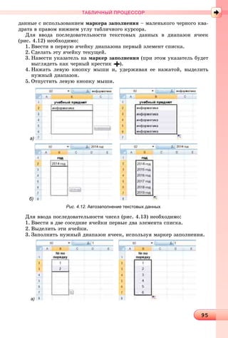 999595959595959595959595959595959595959595959595959595959595959595959595959595959595959595959595959595959595959595959595959595959595959595959595959595
ТАБЛИЧНЫЙ ПРОЦЕССОР
äàííûå ñ èñïîëüçîâàíèåì ìàðêåðà çàïîëíåíèÿ – ìàëåíüêîãî ÷åðíîãî êâà-
äðàòà â ïðàâîì íèæíåì óãëó òàáëè÷íîãî êóðñîðà.
Äëÿ ââîäà ïîñëåäîâàòåëüíîñòè òåêñòîâûõ äàííûõ â äèàïàçîí ÿ÷ååê
(ðèñ. 4.12) íåîáõîäèìî:
1. Ââåñòè â ïåðâóþ ÿ÷åéêó äèàïàçîíà ïåðâûé ýëåìåíò ñïèñêà.
2. Ñäåëàòü ýòó ÿ÷åéêó òåêóùåé.
3. Íàâåñòè óêàçàòåëü íà ìàðêåð çàïîëíåíèÿ (ïðè ýòîì óêàçàòåëü áóäåò
âûãëÿäåòü êàê ÷åðíûé êðåñòèê ).
4. Íàæàòü ëåâóþ êíîïêó ìûøè è, óäåðæèâàÿ åå íàæàòîé, âûäåëèòü
íóæíûé äèàïàçîí.
5. Îòïóñòèòü ëåâóþ êíîïêó ìûøè.
а)
б)
Рис. 4.12. Автозаполнение текстовых данных
Äëÿ ââîäà ïîñëåäîâàòåëüíîñòè ÷èñåë (ðèñ. 4.13) íåîáõîäèìî:
1. Ââåñòè â äâå ñîñåäíèå ÿ÷åéêè ïåðâûå äâà ýëåìåíòà ñïèñêà.
2. Âûäåëèòü ýòè ÿ÷åéêè.
3. Çàïîëíèòü íóæíûé äèàïàçîí ÿ÷ååê, èñïîëüçóÿ ìàðêåð çàïîëíåíèÿ.
а)
 