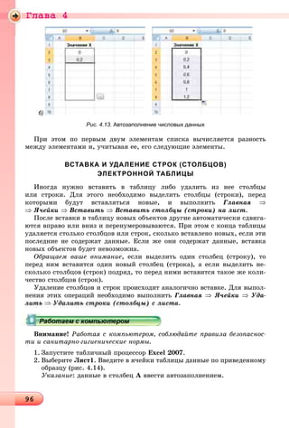 Ãëàâà 4
96969696969696969696969696969696969696969696969696969696969696969696969696969696969696969696969696969696969696969696969696969696969696969696969696969696
б)
Рис. 4.13. Автозаполнение числовых данных
Ïðè ýòîì ïî ïåðâûì äâóì ýëåìåíòàì ñïèñêà âû÷èñëÿåòñÿ ðàçíîñòü
ìåæäó ýëåìåíòàìè è, ó÷èòûâàÿ åå, åãî ñëåäóþùèå ýëåìåíòû.
ВСТАВКА И УДАЛЕНИЕ СТРОК (СТОЛБЦОВ)
ЭЛЕКТРОННОЙ ТАБЛИЦЫ
Èíîãäà íóæíî âñòàâèòü â òàáëèöó ëèáî óäàëèòü èç íåå ñòîëáöû
èëè ñòðîêè. Äëÿ ýòîãî íåîáõîäèìî âûäåëèòü ñòîëáöû (ñòðîêè), ïåðåä
êîòîðûìè áóäóò âñòàâëÿòüñÿ íîâûå, è âûïîëíèòü Ãëàâíàÿ ⇒
⇒ ß÷åéêè ⇒ Âñòàâèòü ⇒ Âñòàâèòü ñòîëáöû (ñòðîêè) íà ëèñò.
Ïîñëå âñòàâêè â òàáëèöó íîâûõ îáúåêòîâ äðóãèå àâòîìàòè÷åñêè ñäâèãà-
þòñÿ âïðàâî èëè âíèç è ïåðåíóìåðîâûâàþòñÿ. Ïðè ýòîì ñ êîíöà òàáëèöû
óäàëÿåòñÿ ñòîëüêî ñòîëáöîâ èëè ñòðîê, ñêîëüêî âñòàâëåíî íîâûõ, åñëè ýòè
ïîñëåäíèå íå ñîäåðæàò äàííûå. Åñëè æå îíè ñîäåðæàò äàííûå, âñòàâêà
íîâûõ îáúåêòîâ áóäåò íåâîçìîæíà.
Îáðàùàåì âàøå âíèìàíèå, åñëè âûäåëèòü îäèí ñòîëáåö (ñòðîêó), òî
ïåðåä íèì âñòàâèòñÿ îäèí íîâûé ñòîëáåö (ñòðîêà), à åñëè âûäåëèòü íå-
ñêîëüêî ñòîëáöîâ (ñòðîê) ïîäðÿä, òî ïåðåä íèìè âñòàâèòñÿ òàêîå æå êîëè-
÷åñòâî ñòîëáöîâ (ñòðîê).
Óäàëåíèå ñòîëáöîâ è ñòðîê ïðîèñõîäèò àíàëîãè÷íî âñòàâêå. Äëÿ âûïîë-
íåíèÿ ýòèõ îïåðàöèé íåîáõîäèìî âûïîëíèòü Ãëàâíàÿ ⇒ ß÷åéêè ⇒ Óäà-
ëèòü ⇒ Óäàëèòü ñòðîêè (ñòîëáöû) ñ ëèñòà.
Âíèìàíèå! Ðàáîòàÿ ñ êîìïüþòåðîì, ñîáëþäàéòå ïðàâèëà áåçîïàñíîñ-
òè è ñàíèòàðíî-ãèãèåíè÷åñêèå íîðìû.
1. Çàïóñòèòå òàáëè÷íûé ïðîöåññîð Excel 2007.
2. Âûáåðèòå Ëèñò1. Ââåäèòå â ÿ÷åéêè òàáëèöû äàííûå ïî ïðèâåäåííîìó
îáðàçöó (ðèñ. 4.14).
Óêàçàíèå: äàííûå â ñòîëáåö À ââåñòè àâòîçàïîëíåíèåì.
 