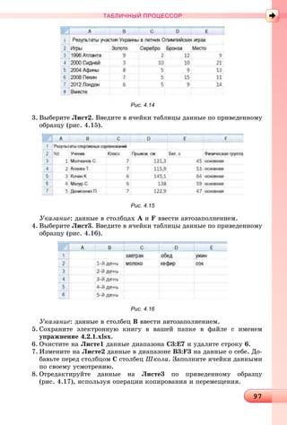 99979797979797979797979797979797979797979797979797979797979797979797979797979797979797979797979797979797979797979797979797979797979797979797979797979
ТАБЛИЧНЫЙ ПРОЦЕССОР
Рис. 4.14
3. Âûáåðèòå Ëèñò2. Ââåäèòå â ÿ÷åéêè òàáëèöû äàííûå ïî ïðèâåäåííîìó
îáðàçöó (ðèñ. 4.15).
Рис. 4.15
Óêàçàíèå: äàííûå â ñòîëáöàõ À è F ââåñòè àâòîçàïîëíåíèåì.
4. Âûáåðèòå Ëèñò3. Ââåäèòå â ÿ÷åéêè òàáëèöû äàííûå ïî ïðèâåäåííîìó
îáðàçöó (ðèñ. 4.16).
Рис. 4.16
Óêàçàíèå: äàííûå â ñòîëáåö Â ââåñòè àâòîçàïîëíåíèåì.
5. Ñîõðàíèòå ýëåêòðîííóþ êíèãó â âàøåé ïàïêå â ôàéëå ñ èìåíåì
óïðàæíåíèå 4.2.1.xlsx.
6. Î÷èñòèòå íà Ëèñòå1 äàííûå äèàïàçîíà Ñ3:Å7 è óäàëèòå ñòðîêó 6.
7. Èçìåíèòå íà Ëèñòå2 äàííûå â äèàïàçîíå Â3:F3 íà äàííûå î ñåáå. Äî-
áàâüòå ïåðåä ñòîëáöîì Ñ ñòîëáåö Øêîëà. Çàïîëíèòå ÿ÷åéêè äàííûìè
ïî ñâîåìó óñìîòðåíèþ.
8. Îòðåäàêòèðóéòå äàííûå íà Ëèñòå3 ïî ïðèâåäåííîìó îáðàçöó
(ðèñ. 4.17), èñïîëüçóÿ îïåðàöèè êîïèðîâàíèÿ è ïåðåìåùåíèÿ.
 