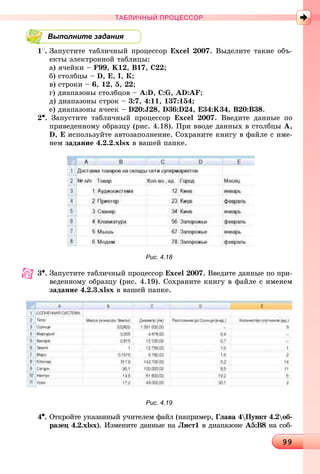 99999999999999999999999999999999999999999999999999999999999999999999999999999999999999999999999999999999999999999999999999999999999999999999999999999999
ТАБЛИЧНЫЙ ПРОЦЕССОР
Выполните задания
1
. Çàïóñòèòå òàáëè÷íûé ïðîöåññîð Excel 2007. Âûäåëèòå òàêèå îáú-
åêòû ýëåêòðîííîé òàáëèöû:
à) ÿ÷åéêè – F99, K12, Â17, Ñ22;
á) ñòîëáöû – D, Å, І, Ê;
â) ñòðîêè – 6, 12, 5, 22;
ã) äèàïàçîíû ñòîëáöîâ – À:D, Ñ:G, AD:AF;
ä) äèàïàçîíû ñòðîê – 3:7, 4:11, 137:154;
å) äèàïàçîíû ÿ÷ååê – D20:J28, D36:D24, E34:K34, B20:B38.
2•. Çàïóñòèòå òàáëè÷íûé ïðîöåññîð Excel 2007. Ââåäèòå äàííûå ïî
ïðèâåäåííîìó îáðàçöó (ðèñ. 4.18). Ïðè ââîäå äàííûõ â ñòîëáöû À,
D, E èñïîëüçóéòå àâòîçàïîëíåíèå. Ñîõðàíèòå êíèãó â ôàéëå ñ èìå-
íåì çàäàíèå 4.2.2.xlsx â âàøåé ïàïêå.
Рис. 4.18
3•. Çàïóñòèòå òàáëè÷íûé ïðîöåññîð Excel 2007. Ââåäèòå äàííûå ïî ïðè-
âåäåííîìó îáðàçöó (ðèñ. 4.19). Ñîõðàíèòå êíèãó â ôàéëå ñ èìåíåì
çàäàíèå 4.2.3.xlsx â âàøåé ïàïêå.
Рис. 4.19
4•. Îòêðîéòå óêàçàííûé ó÷èòåëåì ôàéë (íàïðèìåð, Ãëàâà 4Ïóíêò 4.2îá-
ðàçåö 4.2.xlsx). Èçìåíèòå äàííûå íà Ëèñò1 â äèàïàçîíå À5:Â8 íà ñîá-8
 