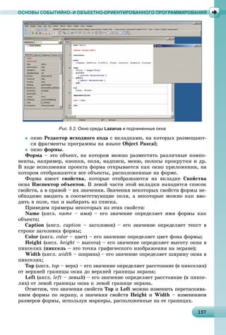 11571571571571571571571571571571571571571571571571571571571571571571571571571571571571571571575
ОСНОВЫ СОБЫТИЙНО- И ОБЪЕКТНО-ОРИЕНТИРОВАННОГО ПРОГРАММИРОВАНИЯ
 Ðåäàêòîð èñõîäíîãî êîäà ñ âêëàäêàìè, íà êîòîðûõ ðàçìåùàþò-
ñÿ ôðàãìåíòû ïðîãðàììû íà ÿçûêå Object Pascal;
 îêíî ôîðìû.
Ôîðìà – ýòî îáúåêò, íà êîòîðîì ìîæíî ðàçìåñòèòü ðàçëè÷íûå êîìïî-
íåíòû, íàïðèìåð, êíîïêè, ïîëÿ, íàäïèñè, ìåíþ, ïîëîñû ïðîêðóòêè è äð.
Â õîäå èñïîëíåíèÿ ïðîåêòà ôîðìà îòêðûâàåòñÿ êàê îêíî ïðèëîæåíèÿ, íà
êîòîðîì îòîáðàæàþòñÿ âñå îáúåêòû, ðàñïîëîæåííûå íà ôîðìå.
Ôîðìà èìååò ñâîéñòâà, êîòîðûå îòîáðàæàþòñÿ íà âêëàäêå Ñâîéñòâà
îêíà Èíñïåêòîð îáúåêòîâ. Â ëåâîé ÷àñòè ýòîé âêëàäêè íàõîäèòñÿ ñïèñîê
ñâîéñòâ, à â ïðàâîé – èõ çíà÷åíèÿ. Çíà÷åíèÿ íåêîòîðûõ ñâîéñòâ ôîðìû íå-
îáõîäèìî ââîäèòü â ñîîòâåòñòâóþùèå ïîëÿ, à íåêîòîðûå ìîæíî êàê ââî-
äèòü â ïîëå, òàê è âûáèðàòü èç ñïèñêà.
Ïðèâåäåì ïðèìåðû íåêîòîðûõ èç ýòèõ ñâîéñòâ:
Name (àíãë. name – èìÿ) – åãî çíà÷åíèå îïðåäåëÿåò èìÿ ôîðìû êàê
îáúåêòà;
Caption (àíãë. caption – çàãîëîâîê) – åãî çíà÷åíèå îïðåäåëÿåò òåêñò â
ñòðîêå çàãîëîâêà ôîðìû;
Color (àíãë. color – öâåò) – åãî çíà÷åíèå îïðåäåëÿåò öâåò ôîíà ôîðìû;r
Height (àíãë. height – âûñîòà) – åãî çíà÷åíèå îïðåäåëÿåò âûñîòó îêíà â
ïèêñåëÿõ (ïèêñåëü – ýòî òî÷êà ãðàôè÷åñêîãî èçîáðàæåíèÿ íà ýêðàíå);
Width (àíãë. width – øèðèíà) – åãî çíà÷åíèå îïðåäåëÿåò øèðèíó îêíà â
ïèêñåëÿõ;
Top (àíãë. top – âåðõ) – åãî çíà÷åíèå îïðåäåëÿåò ðàññòîÿíèå (â ïèêñåëÿõ)
îò âåðõíåé ãðàíèöû îêíà äî âåðõíåé ãðàíèöû ýêðàíà;
Left (àíãë. left – ëåâûé) – åãî çíà÷åíèå îïðåäåëÿåò ðàññòîÿíèå (â ïèêñå-
ëÿõ) îò ëåâîé ãðàíèöû îêíà ê ëåâîé ãðàíèöå ýêðàíà.
Îòìåòèì, ÷òî çíà÷åíèÿ ñâîéñòâ Top è Left ìîæíî èçìåíèòü ïåðåòàñêèâà-
íèåì ôîðìû ïî ýêðàíó, à çíà÷åíèÿ ñâîéñòâ Height è Width – èçìåíåíèåì
ðàçìåðîâ ôîðìû, èñïîëüçóÿ ìàðêåðû, ðàñïîëîæåííûå íà åå ãðàíèöàõ.
Рис. 5.2. Окно среды Lazarus и подчиненные окна
 