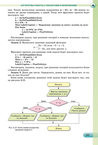 20320320320320320320320320320320320320320320320320320320320320320320320320320320320320320320320303
АЛГОРИТМЫ РАБОТЫ С ОБЪЕКТАМИ И ВЕЛИЧИНАМИ
íèÿ. Òàêæå âû÷èñëåíèå çíà÷åíèÿ âûðàæåíèÿ (a + 2b) / (a – 3b) ìîæíî çà-
ïèñàòü íå äâóìÿ êîìàíäàìè, à îäíîé. Òîãäà ýòîò ôðàãìåíò ïðîåêòà áóäåò
âûãëÿäåòü òàê:
a : StrToFloat(Edit1.Text);
b : StrToFloat(Edit2.Text);
If a–3*b  0
Then Label1.Caption : ’Âûðàæåíèå çíà÷åíèÿ íå èìååò: äåëåíèå íà íóëü’
Else begin
z : (a+2*b) /(a–3*b);
Label1.Caption : FloatToStr(z);
end;
Ðàññìîòðèì çàäà÷ó, ïðè ðåøåíèè êîòîðîé â êîìàíäå âåòâëåíèÿ èñïîëü-
çóåòñÿ êîíúþíêöèÿ.
Çàäà÷à 2. Âû÷èñëèòü çíà÷åíèå çàäàííîé ôóíêöèè
x : StrToFloat(Edit1.Text);
If (x > –3) and (x < 5)
Then y : 2*x – 12
Else y : 7–8*x;
Label1.Caption : FloatToStr(y);
Ðàññìîòðèì, íàêîíåö, çàäà÷ó, ïðè ðåøåíèè êîòîðîé èñïîëüçóåòñÿ áîëåå
ñëîæíîå âåòâëåíèå.
Çàäà÷à 3. Äàíû äâà ÷èñëà. Îïðåäåëèòü, ðàâíû ëè îíè. Åñëè íåò, òî êà-
êîå èç íèõ áîëüøå?
Áëîê-ñõåìà àëãîðèòìà ðåøåíèÿ ýòîé çàäà÷è áóäåò âûãëÿäåòü òàê, êàê
íà ðèñóíêå 6.21.
Íà÷àëî
Êîíåö
Ââåñòè çíà÷åíèÿ
ïåðåìåííûõ x è y
Ñîîáùèòü: «Ïåðâîå ÷èñ-
ëî ìåíüøå»
Ñîîáùèòü: «Ïåðâîå ÷èñ-
ëî áîëüøå»
Ñîîáùèòü:
«×èñëà ðàâíû»
x > y
x  y
false
false
true
ruetr
Рис. 6.21. Блок-схема алгоритма
решения задачи 3
 
