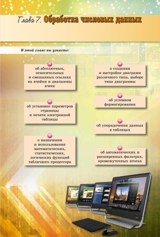 АЛГОРИТМЫ РАБОТЫ С ОБЪЕКТАМИ И ВЕЛИЧИНАМИААЛАЛЛЛЛЛЛГГГГОГГГОРИРИРРРРРРРРРРРРРРРРРРРРРРРИРРРРРРРРИТТ
Â ýòîé ãëàâå âû óçíàåòå:
î íàçíà÷åíèè
è èñïîëüçîâàíèè
ìàòåìàòè÷åñêèõ,
ñòàòèñòè÷åñêèõ,
ëîãè÷åñêèõ ôóíêöèé
òàáëè÷íîãî ïðîöåññîðà
îá àáñîëþòíûõ,
îòíîñèòåëüíûõ
è ñìåøàííûõ ññûëêàõ
íà ÿ÷åéêè è äèàïàçîíû
ÿ÷ååê
îá àâòîìàòè÷åñêèõ è
ðàñøèðåííûõ ôèëüòðàõ,
ïðîìåæóòî÷íûõ èòîãàõ
îá óñòàíîâêå ïàðàìåòðîâ
ñòðàíèöû
è ïå÷àòè ýëåêòðîííîé
òàáëèöû
î ñîçäàíèè
è íàñòðîéêå äèàãðàìì
ðàçëè÷íîãî òèïà, âûáîðå
òèïà äèàãðàììû
îá óñëîâíîì
ôîðìàòèðîâàíèè
îá óïîðÿäî÷åíèè äàííûõ
â òàáëèöàõ
 